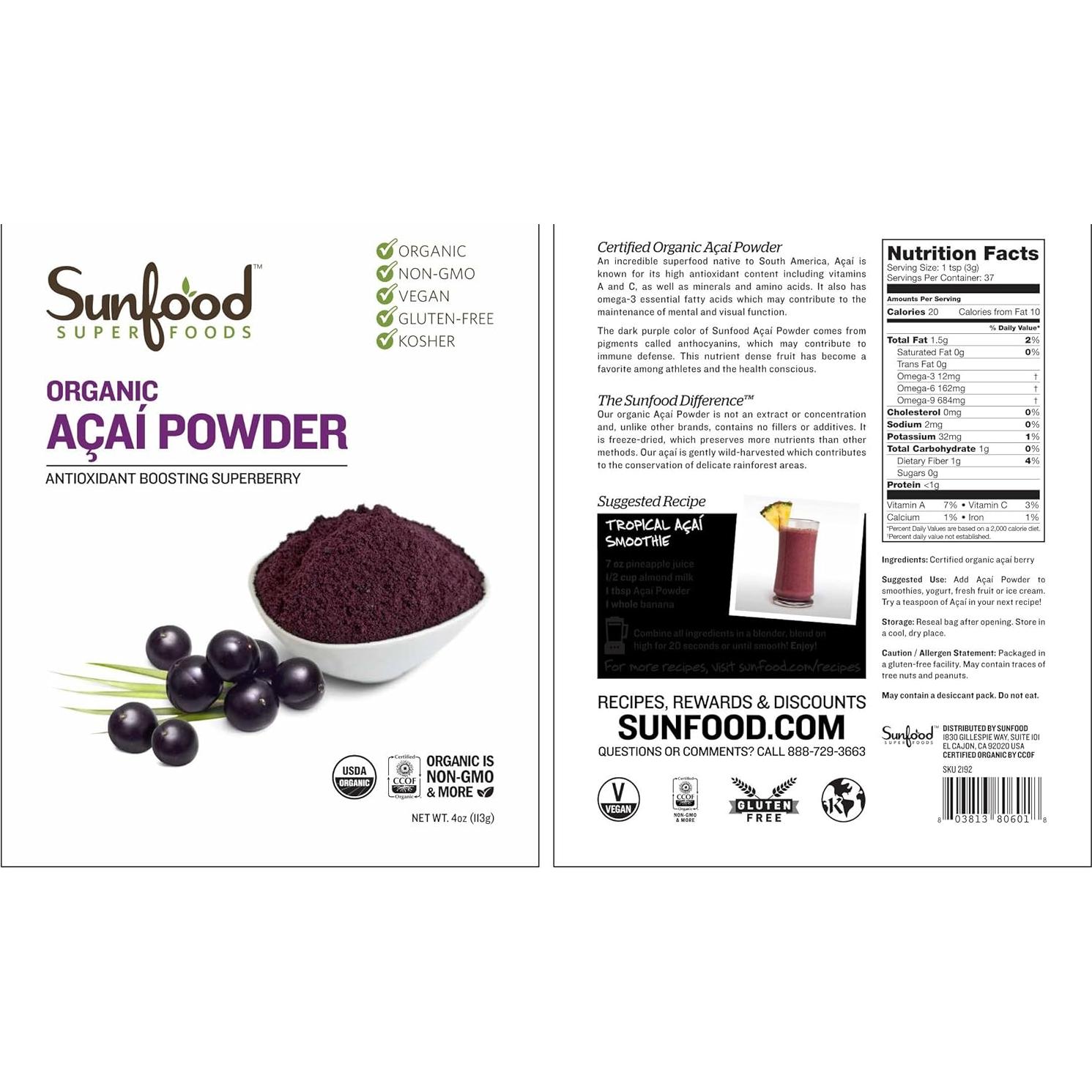 Polvo de Acai Orgánico Sunfood 113.4 g - Antioxidante Natural