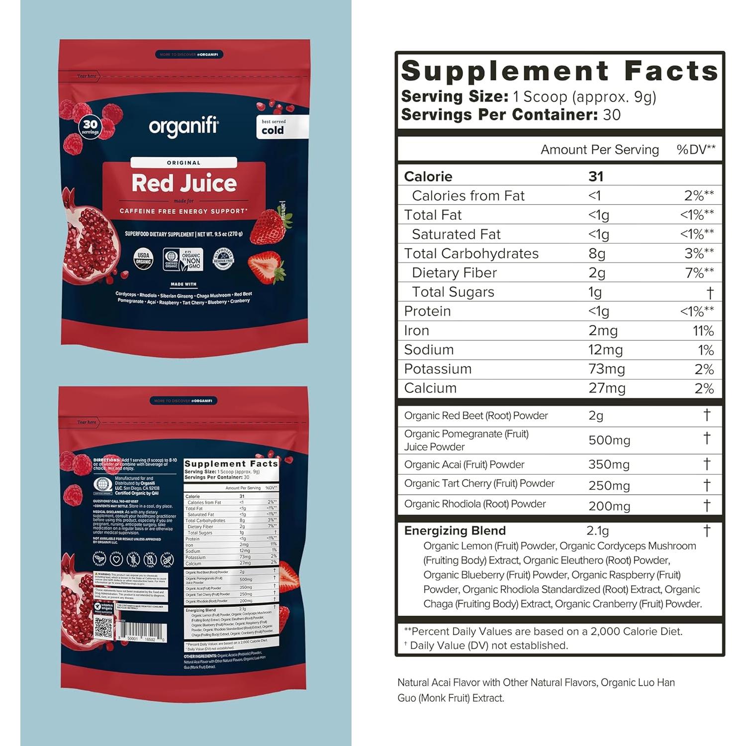 Organifi Jugo Rojo - Polvo Energético 90 Porciones 283g