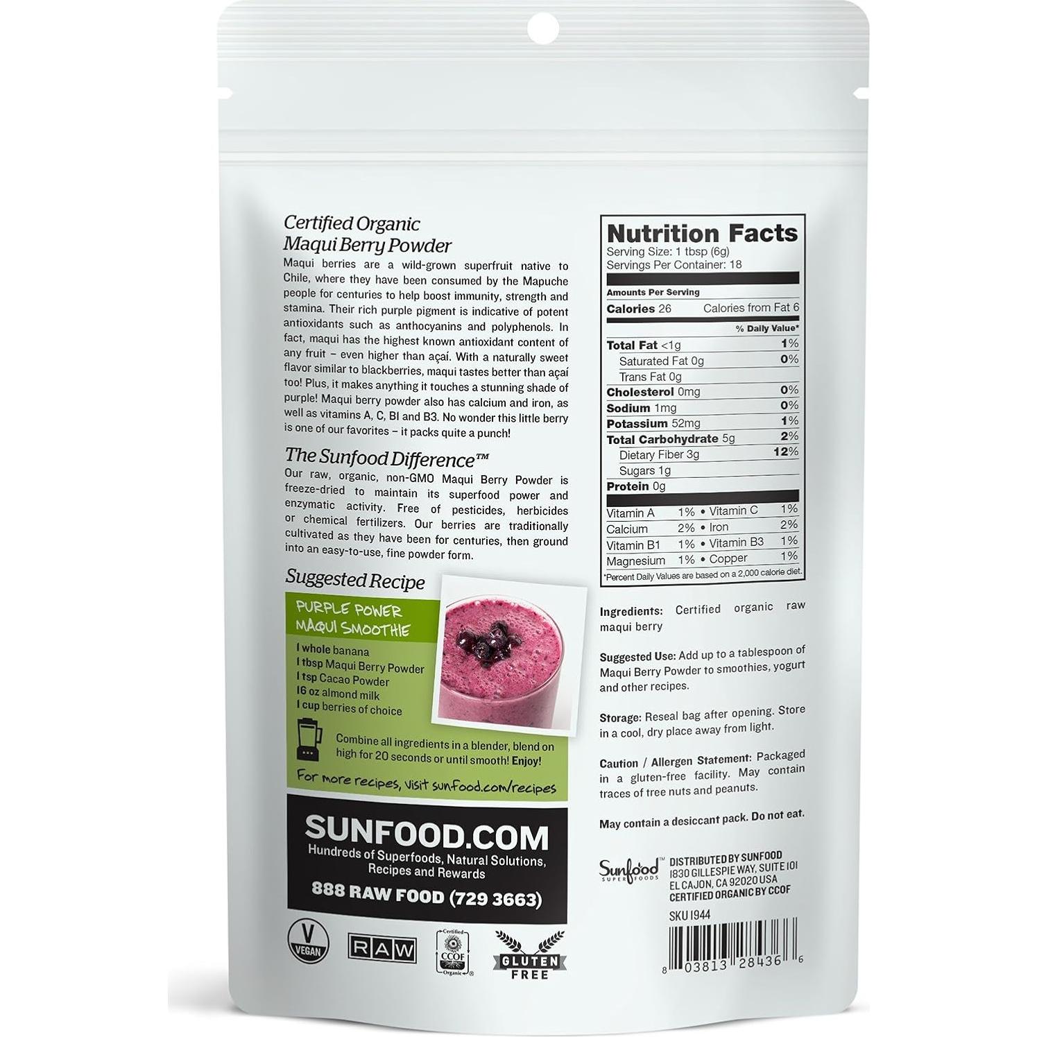 Polvo de Maqui Orgánico Sunfood 113.4 g - Antioxidantes para Batidos