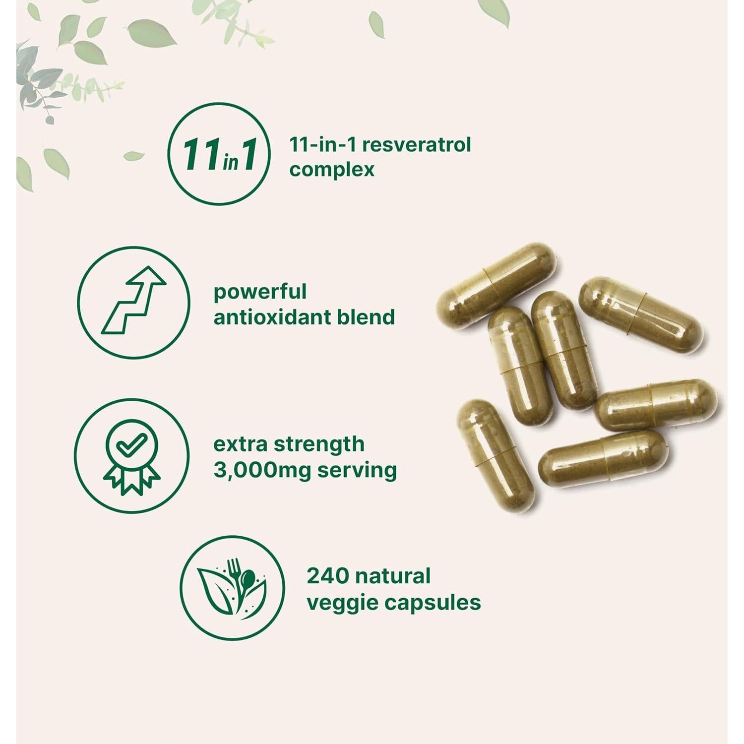 Suplemento de Resveratrol 3000mg Micro Ingredients 240 Cápsulas Veganas