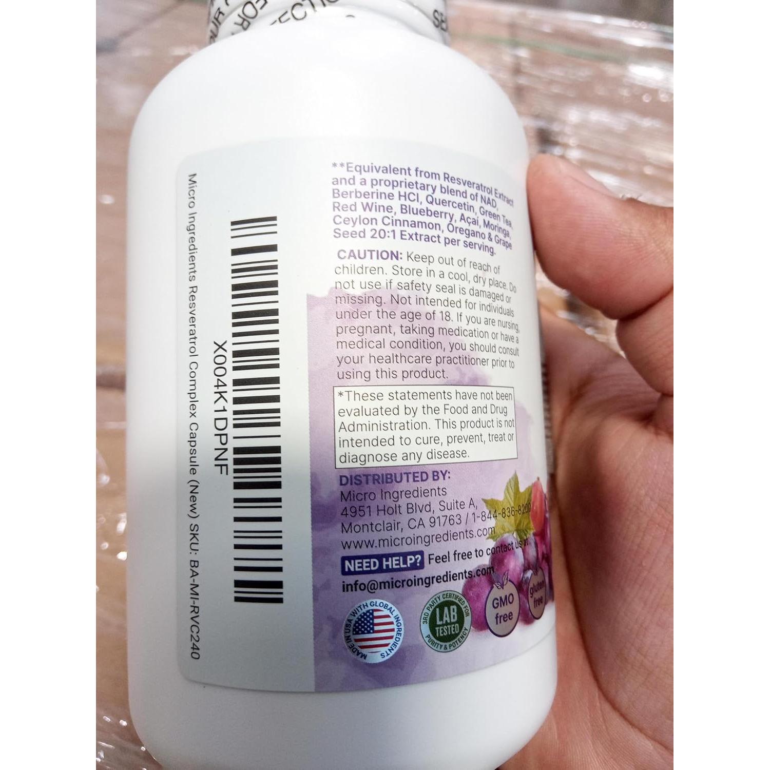 Suplemento de Resveratrol 3000mg Micro Ingredients 240 Cápsulas Veganas