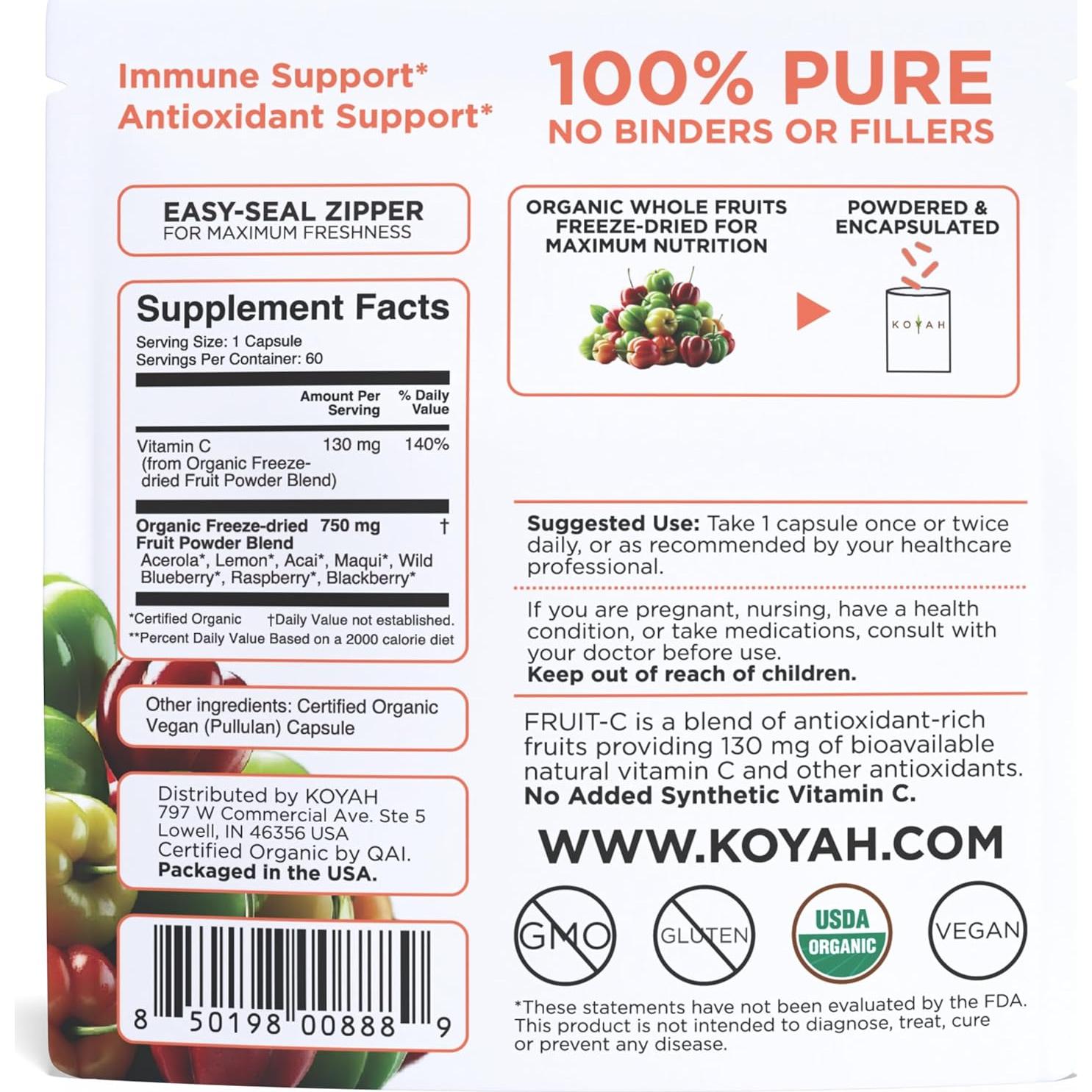 Cápsulas Orgánicas de Vitamina C KOYAH - 60 Unidades - 130 mg