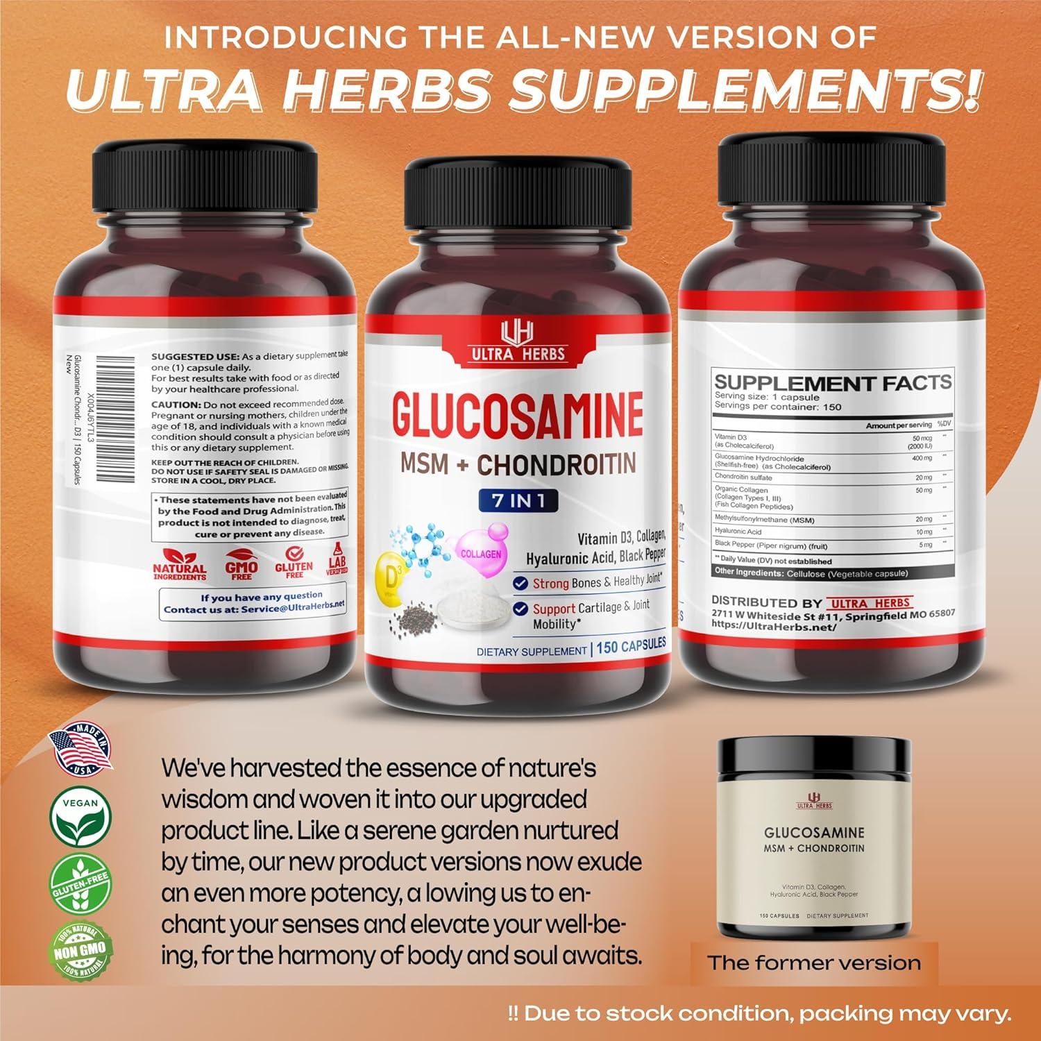 Suplemento Glucosamina Condroitina MSM Ultra Herbs 150 Cápsulas