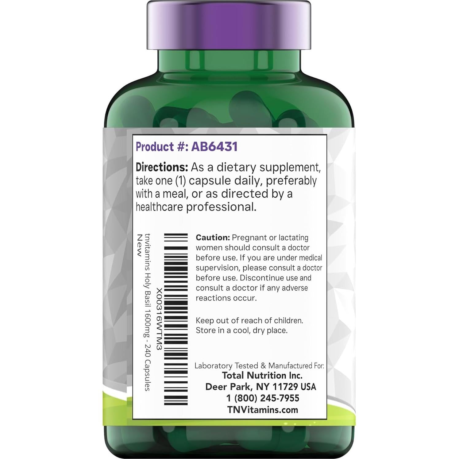 Cápsulas de Albahaca Sagrada TNVitamins 1600 mg - 240 Unidades