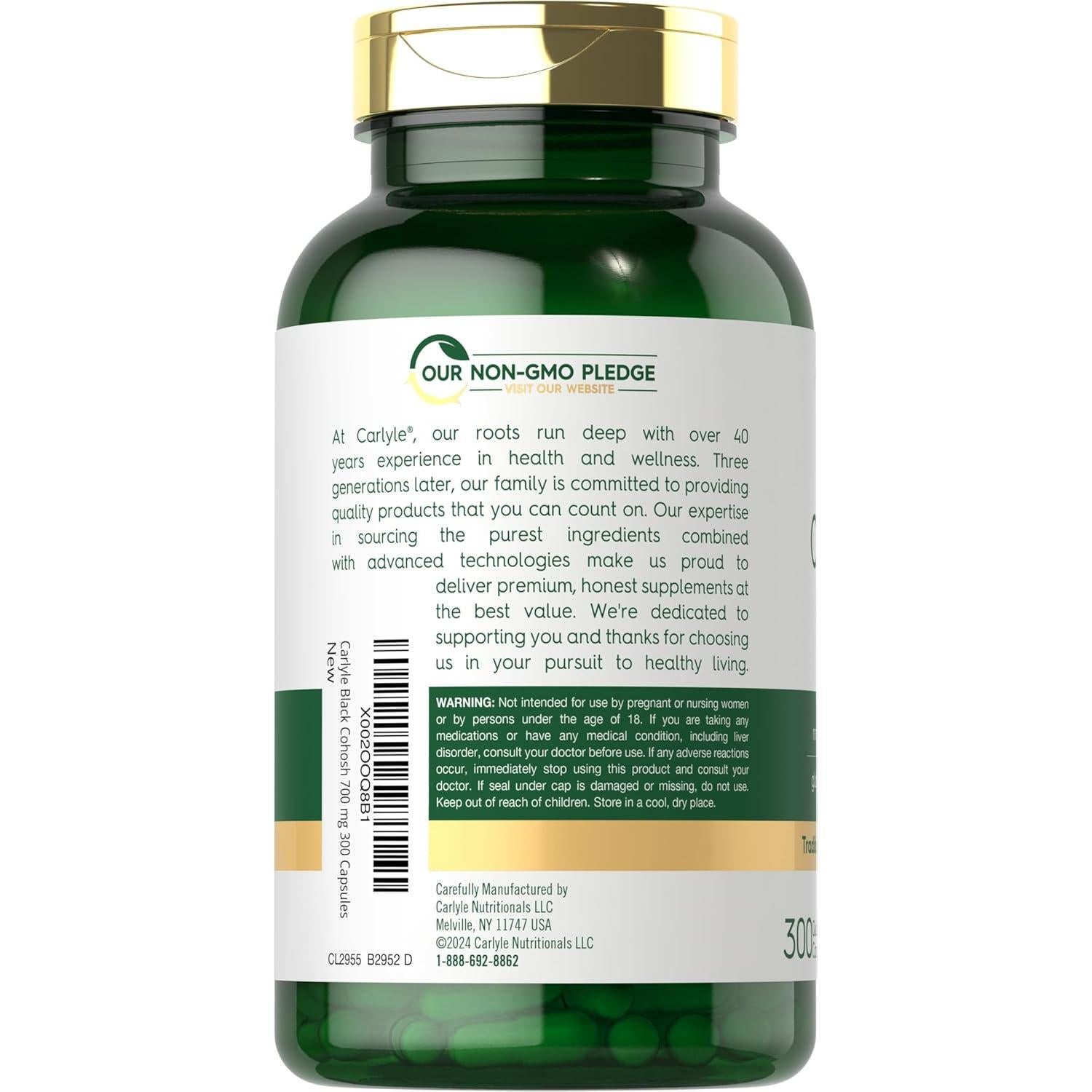 Cápsulas de Black Cohosh Carlyle 700mg 300 Unidades Sin OGM Gluten