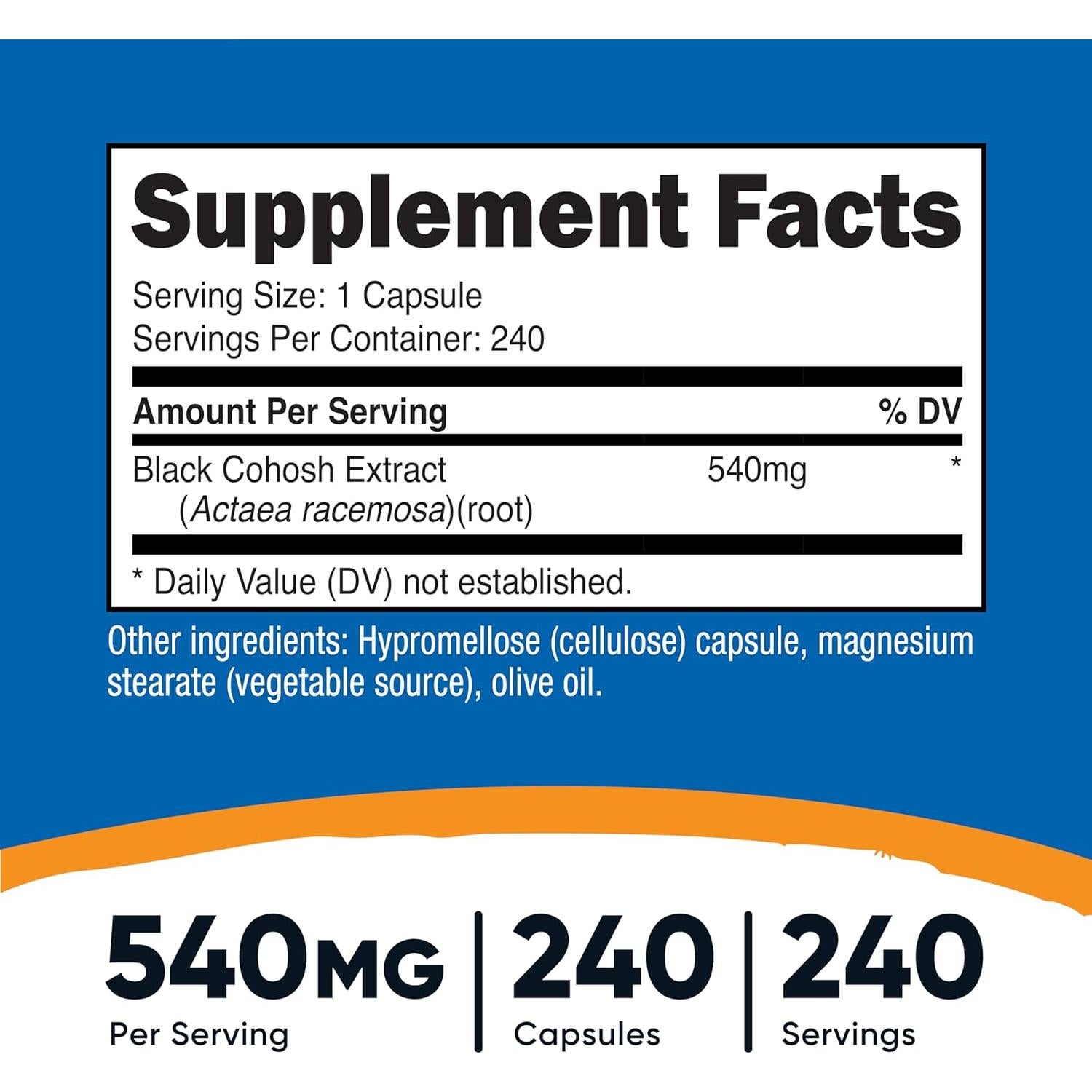 Cohosh Negro Nutricost 540mg 240 Cápsulas Sin OGM Gluten