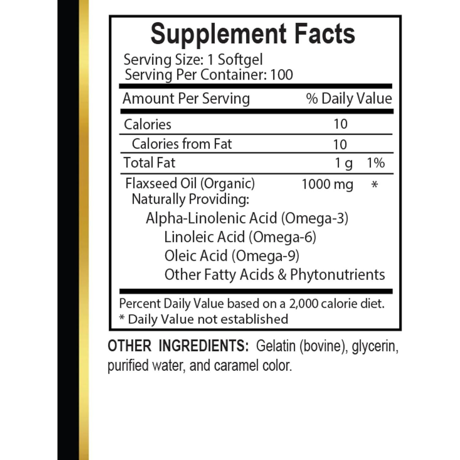 Aceite de Semilla de Lino Orgánico Vitalabs - 1000 mg - 100 Cápsulas Veganas