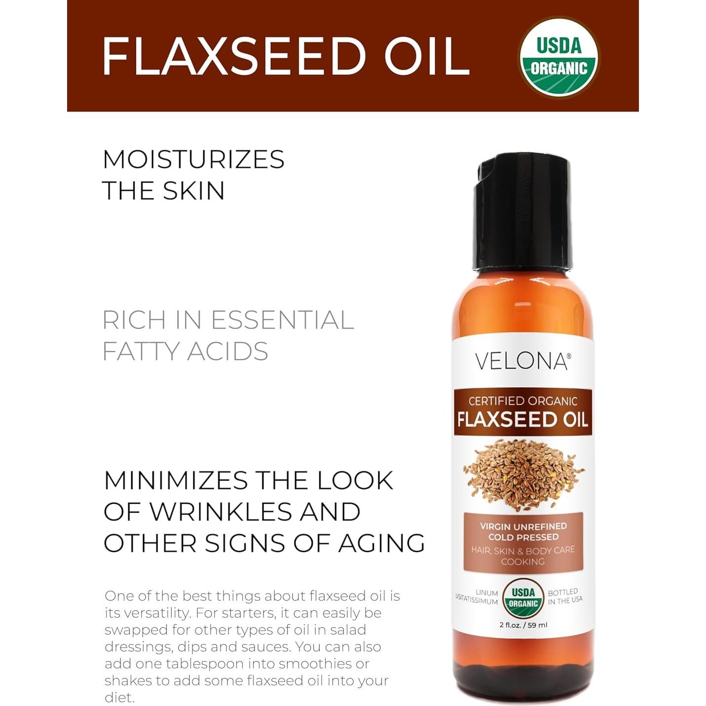 Aceite de Linaza Orgánico Velona 60 ml - 100% Puro y Natural