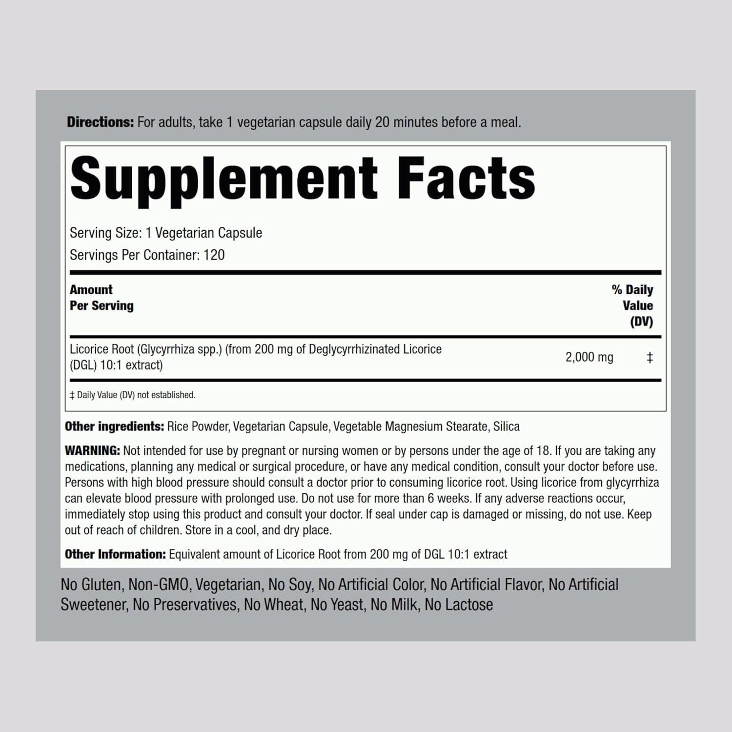 Suplemento DGL Piping Rock 2000mg 120 Cápsulas Raíz de Regaliz