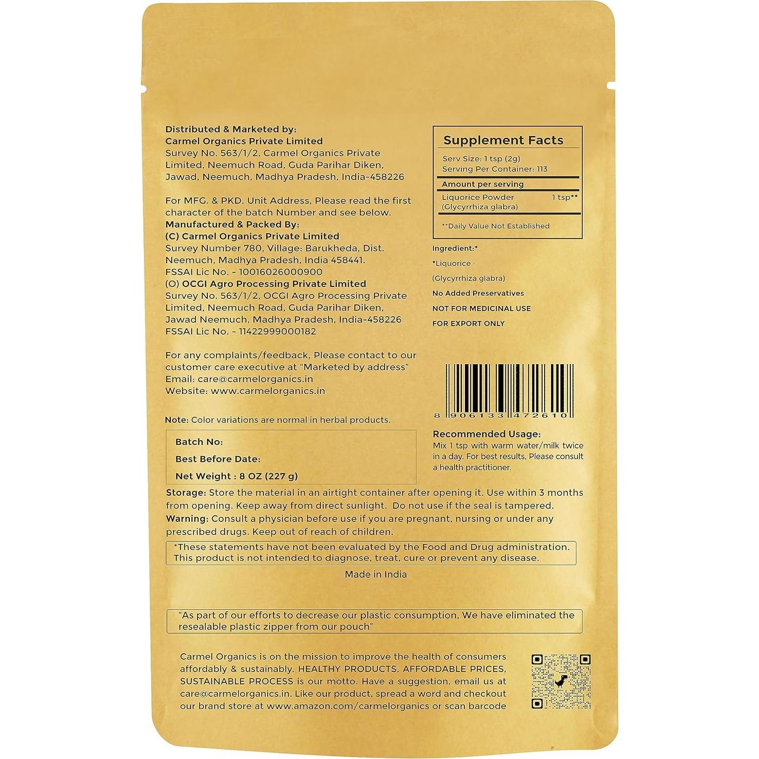 Polvo de Raíz de Regaliz Carmel Organics 227g - Suplemento Natural