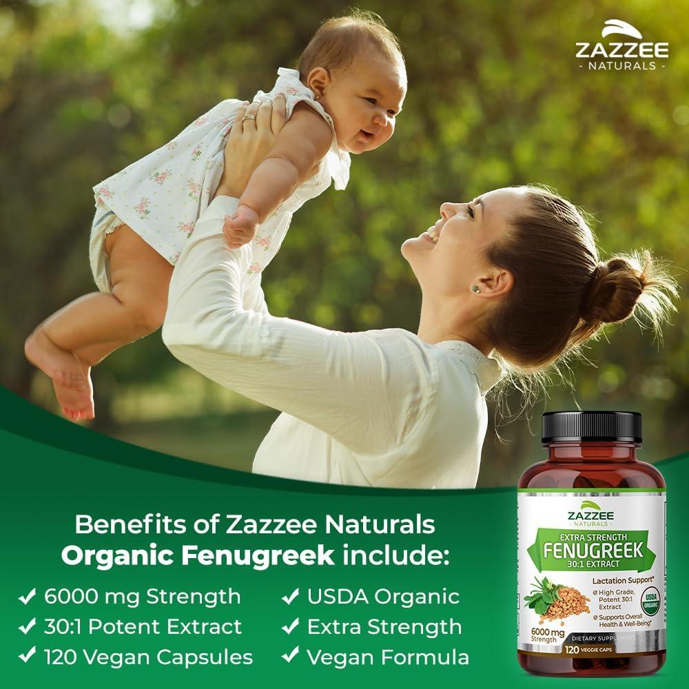 Zazzee Extracto de Fenogreco Orgánico 6000 mg 120 Cápsulas Veganas