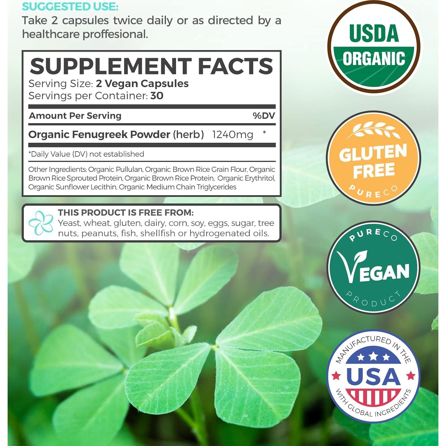 Cápsulas de Fenogreco Orgánico Pure Co - 60 Veganas para Lactancia