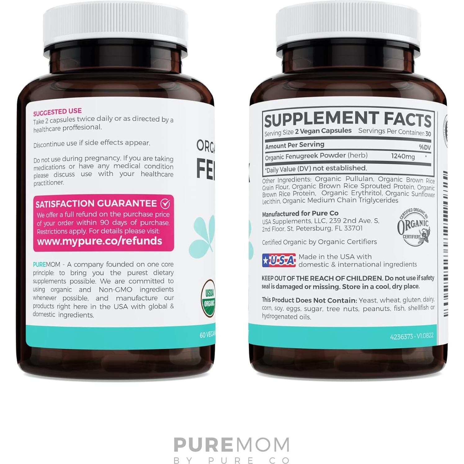 Cápsulas de Fenogreco Orgánico Pure Co - 60 Veganas para Lactancia