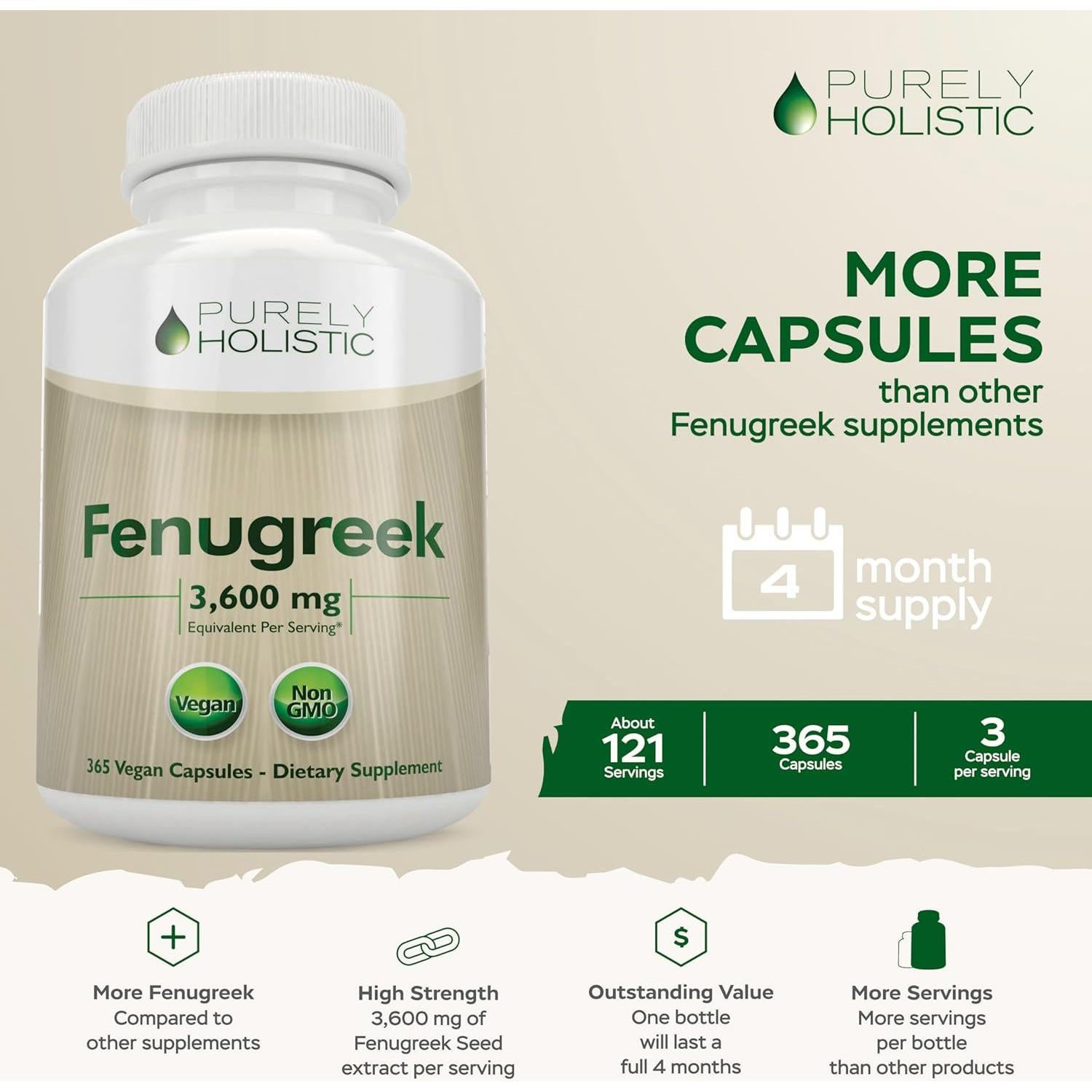 Cápsulas de Fenogreco Purely Holistic 3600mg - 365 Veganas