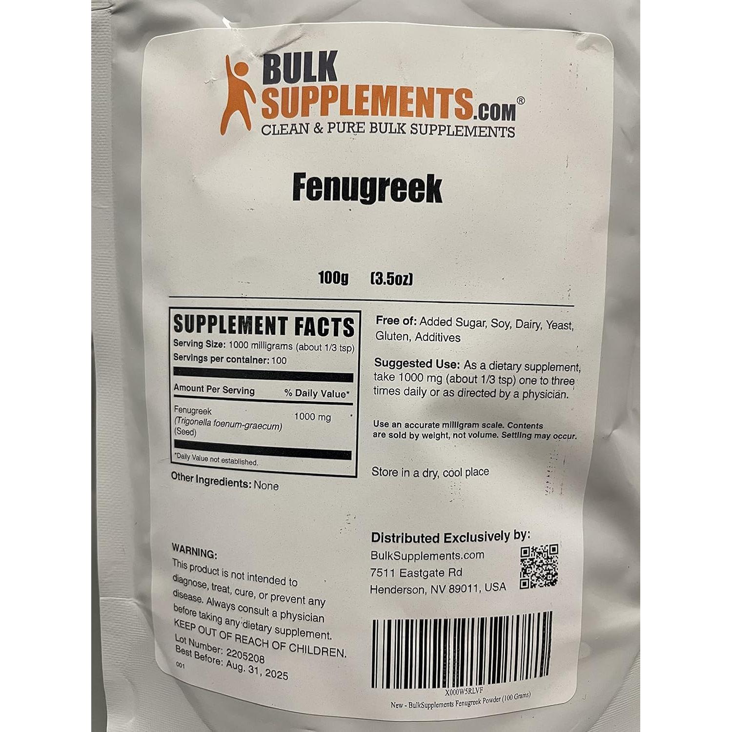Polvo de Fenogreco Orgánico BulkSupplements 100g Sin Gluten