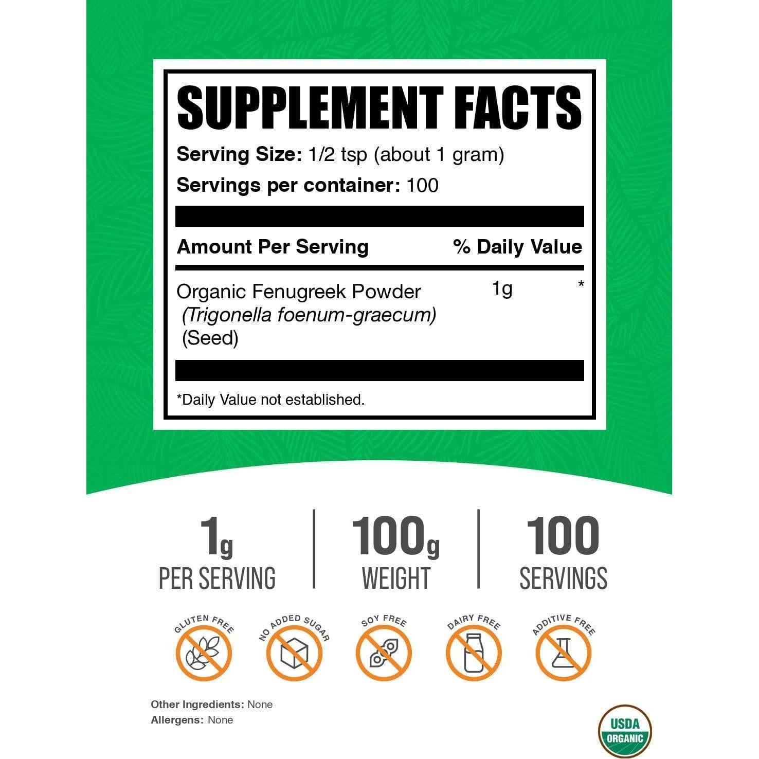 Polvo de Fenogreco Orgánico BulkSupplements 100g Sin Gluten