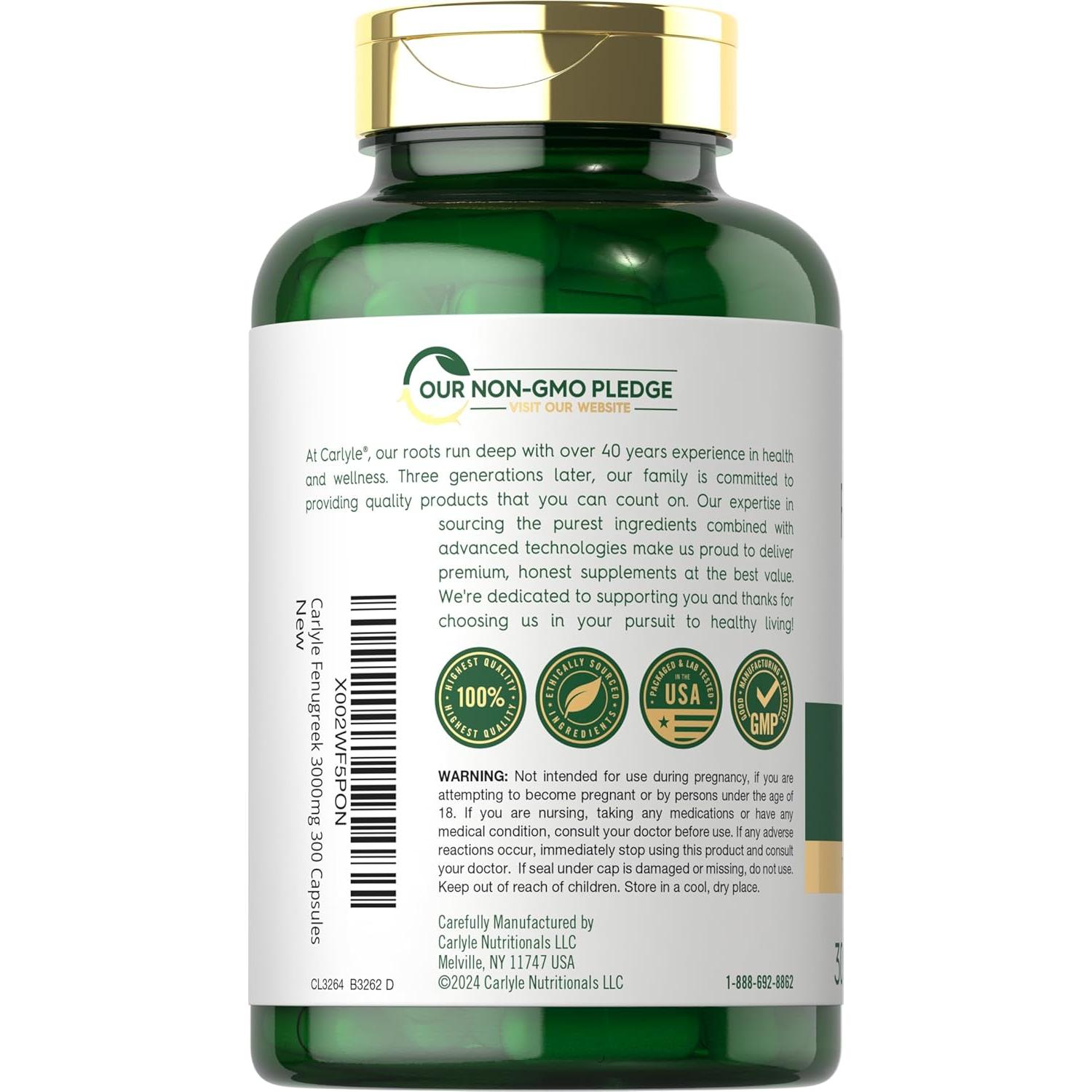 Cápsulas de Fenogreco Carlyle 3000 mg | 300 Unidades | Sin OGM
