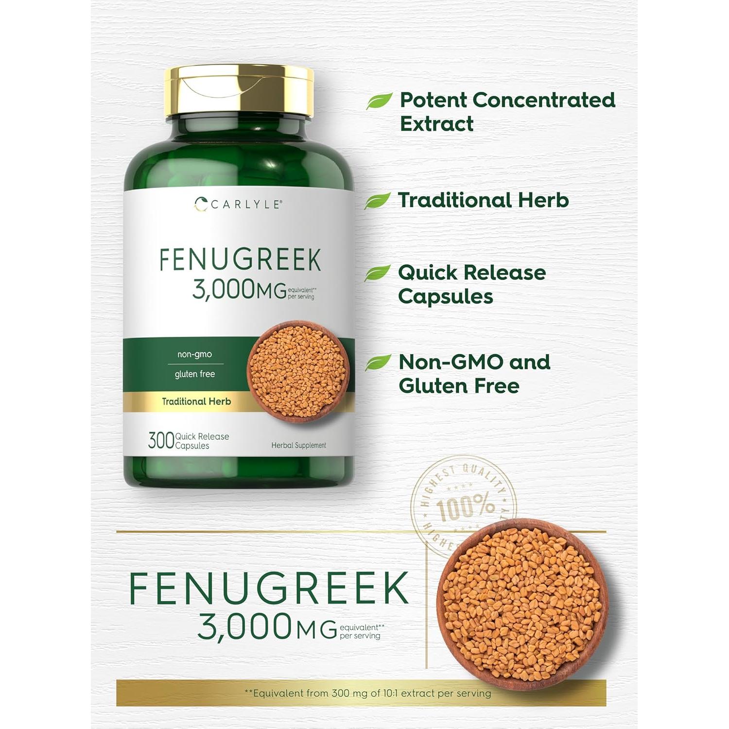 Cápsulas de Fenogreco Carlyle 3000 mg | 300 Unidades | Sin OGM