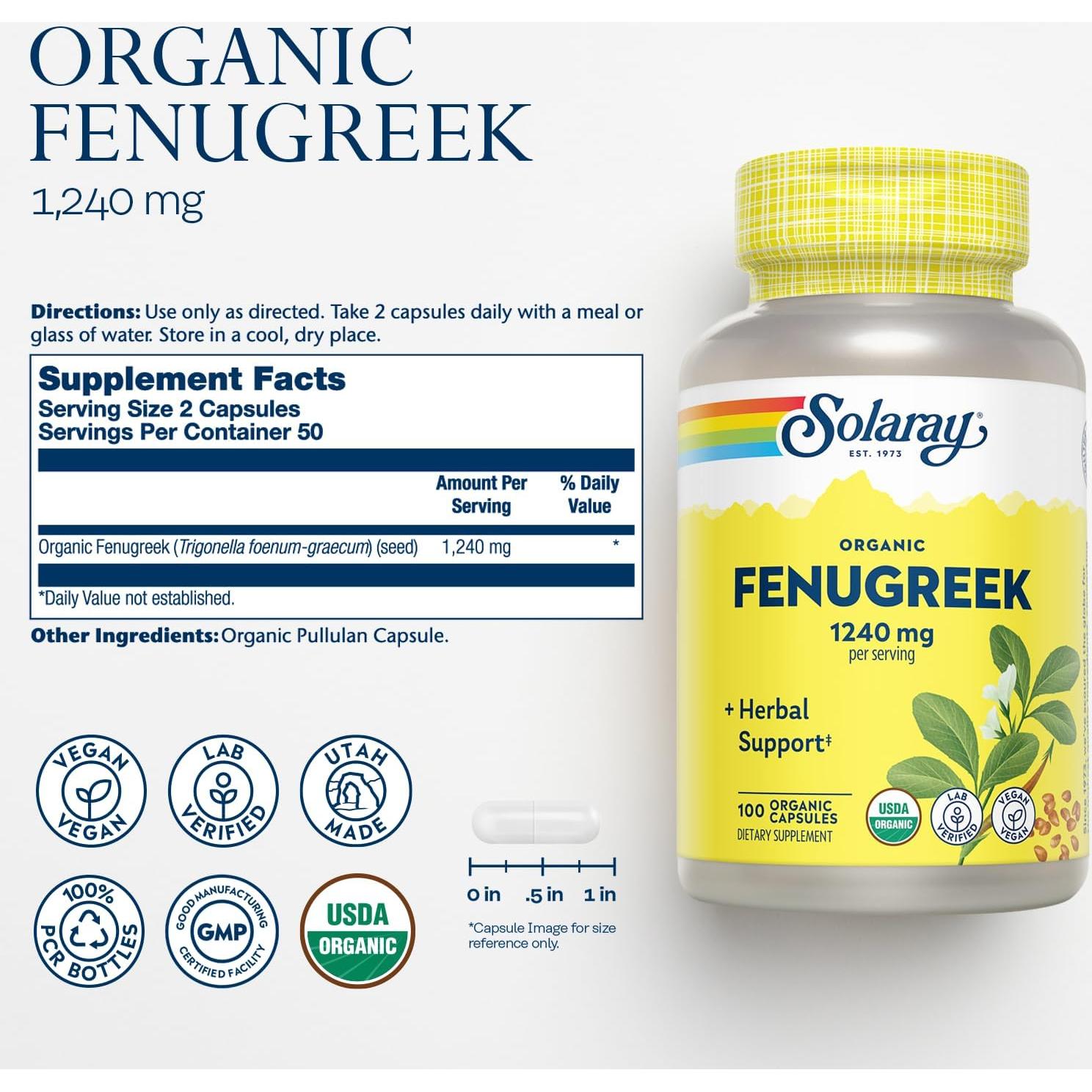 Cápsulas de Fenogreco Orgánico Solaray 1240 mg - Vegano