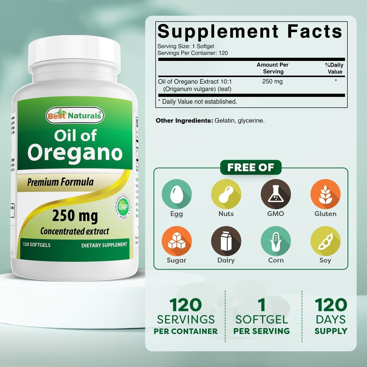 Suplemento de Orégano Mejor Naturales 250 mg 120 Cápsulas