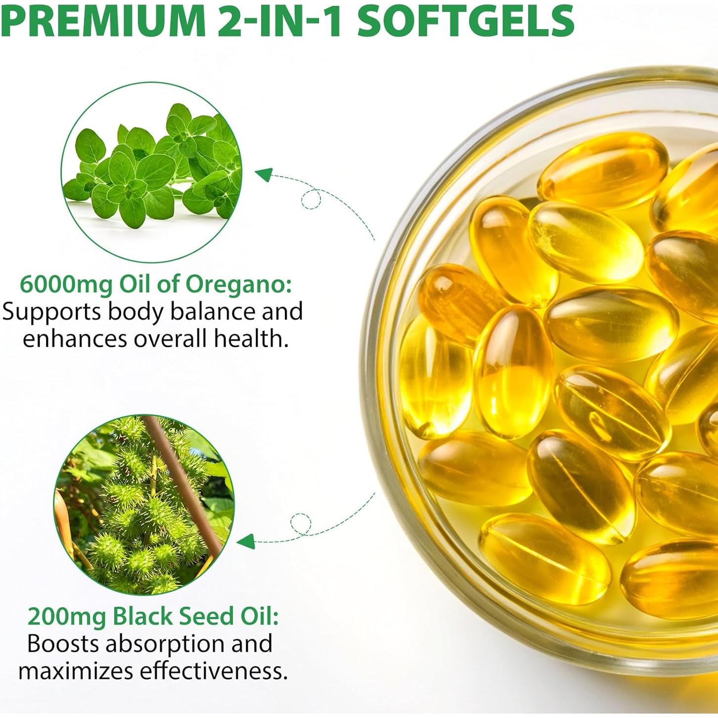 Aceite de Orégano Orgánico 6000mg + Semilla Negra 200mg - 240 Softgels