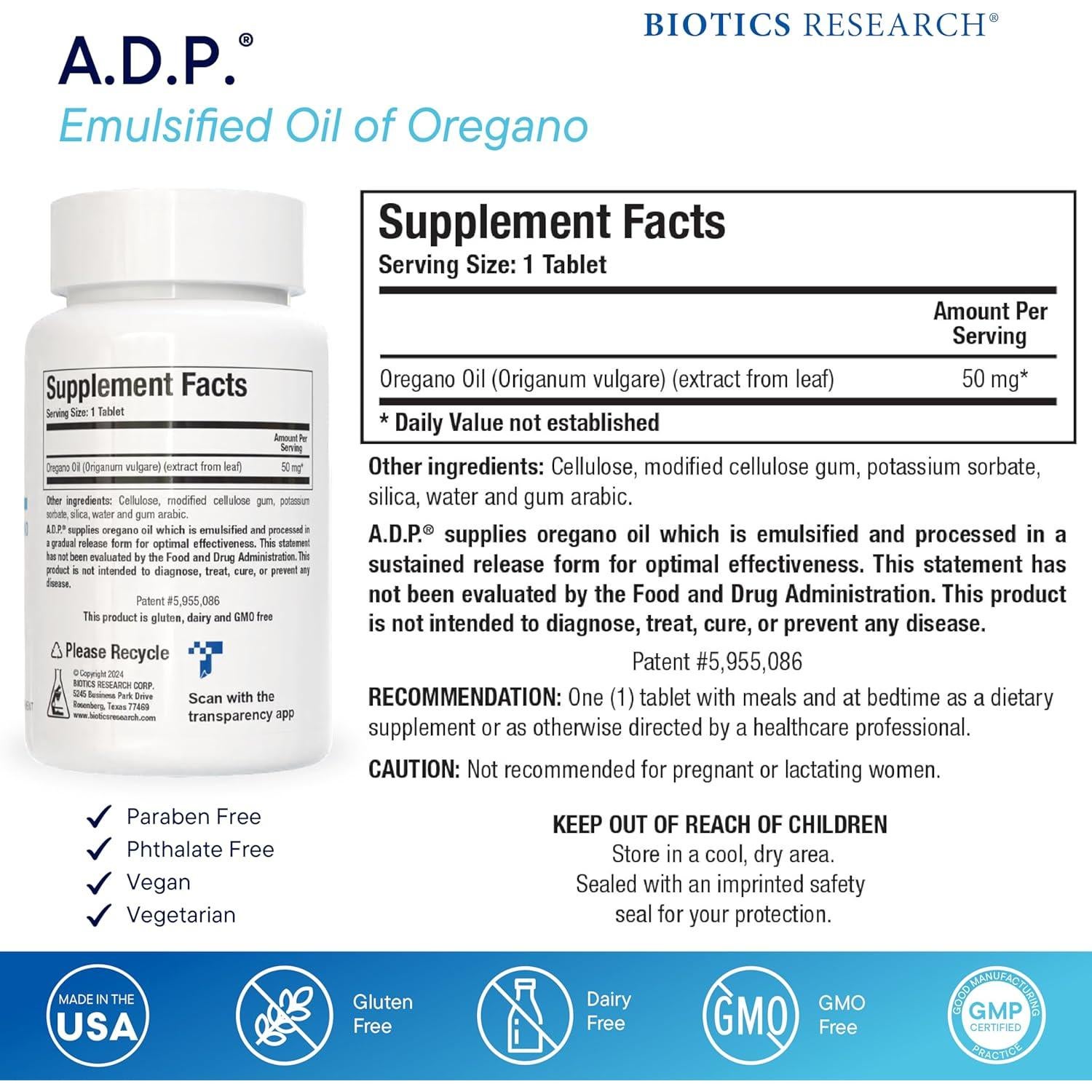 Biotics Research A.D.P. Aceite de Orégano 120 Tabletas 50mg