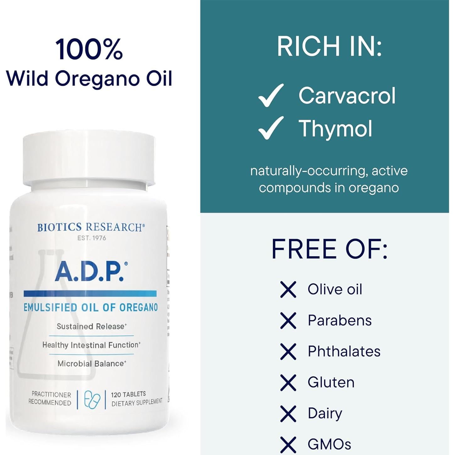 Biotics Research A.D.P. Aceite de Orégano 120 Tabletas 50mg