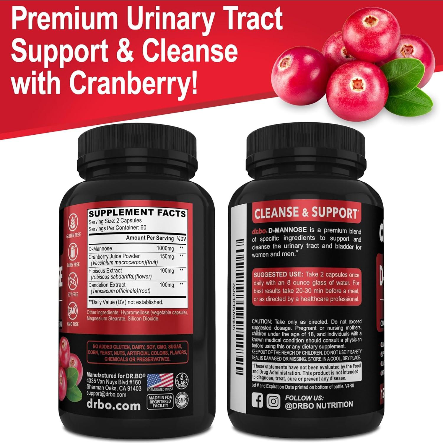 Cápsulas de D-Mannosa 500mg Dr. Bo - Suplemento Urinario 120 Unidades