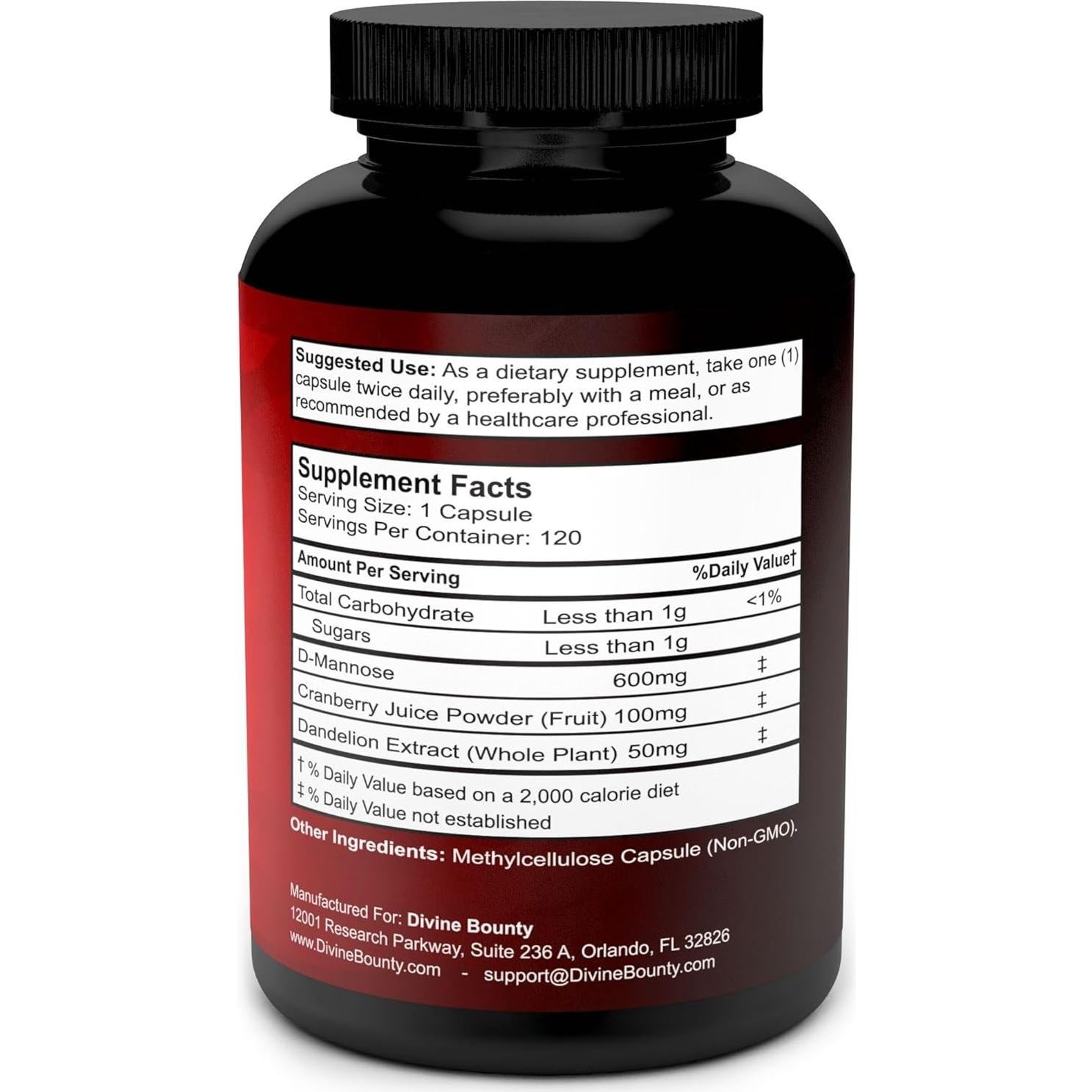 Cápsulas de D-Mannosa Divine Bounty 600mg - 120 unidades