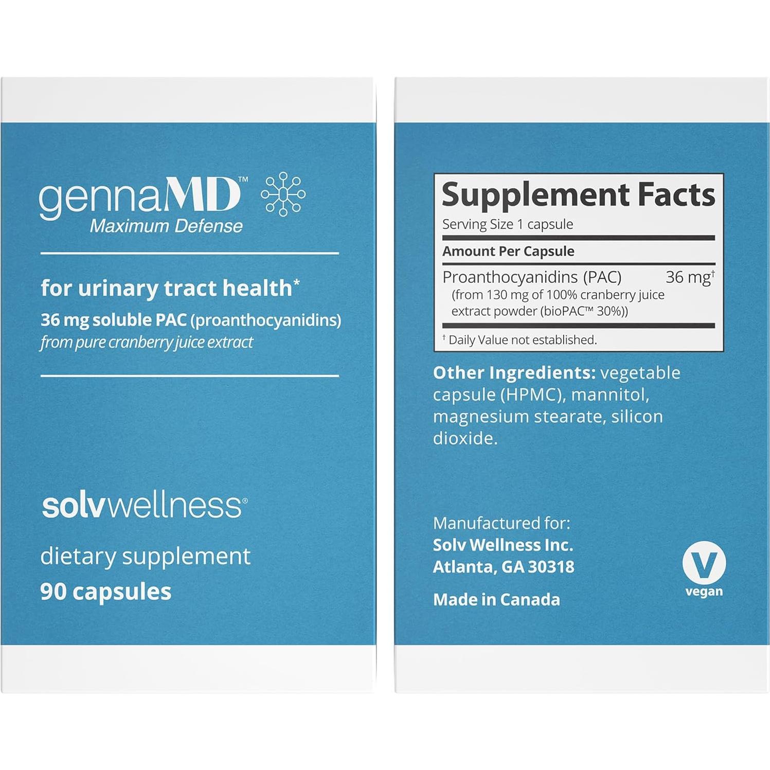 Suplemento UTI GennaMD Solv Wellness - 36 mg PAC - 90 Cápsulas