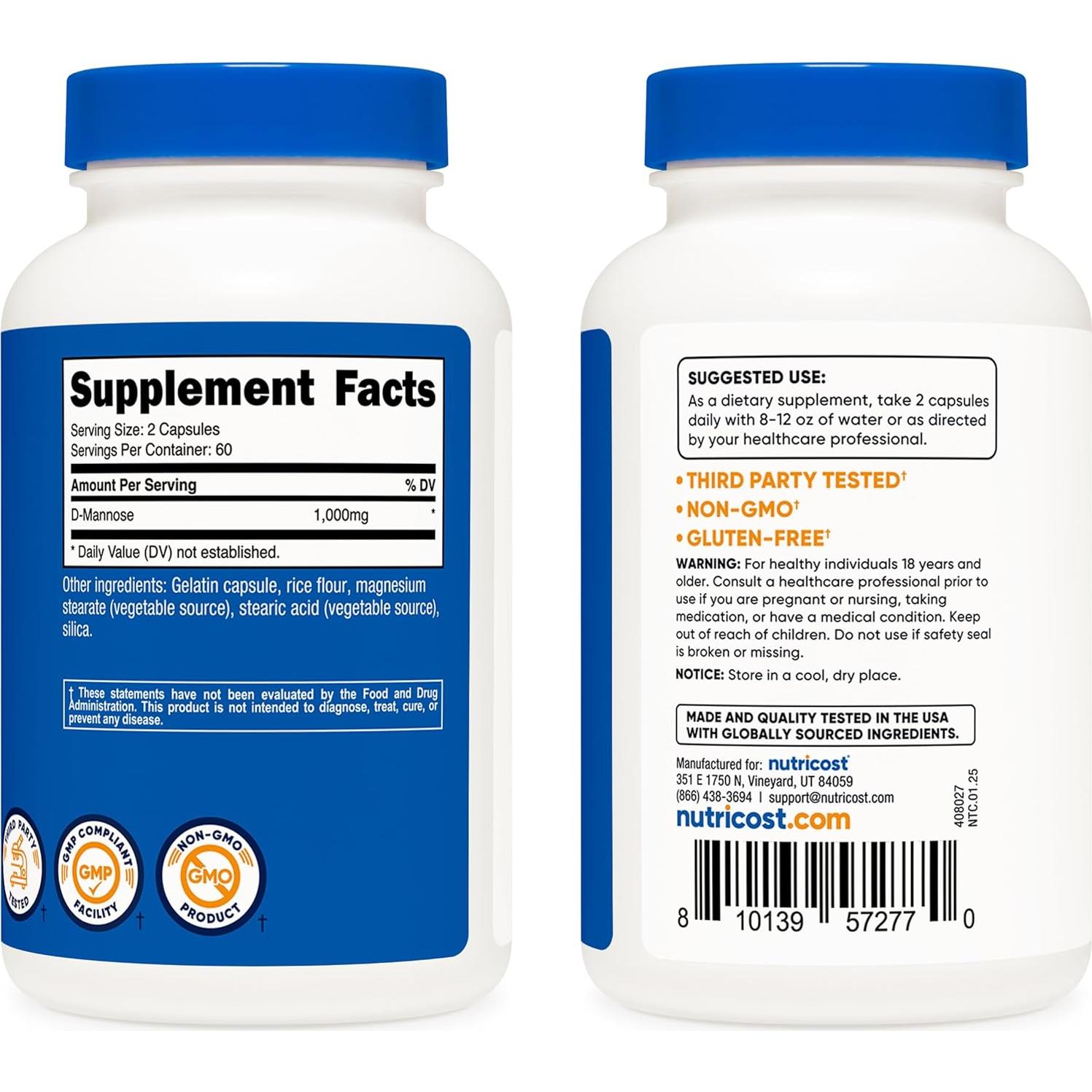 Nutricost D-Mannose 1000mg 120 Cápsulas Salud Urinaria