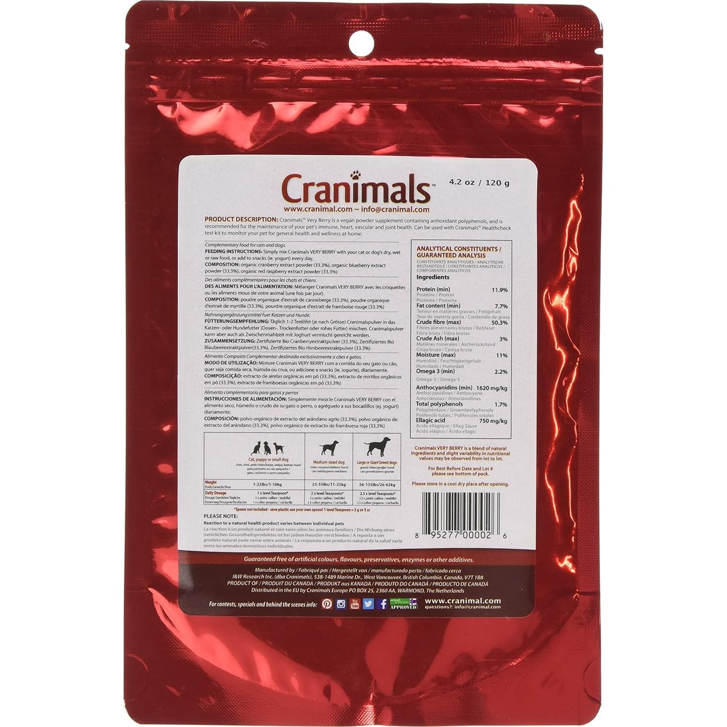 Polvo Antioxidante Very Berry Cranimals para Perros y Gatos 120 g
