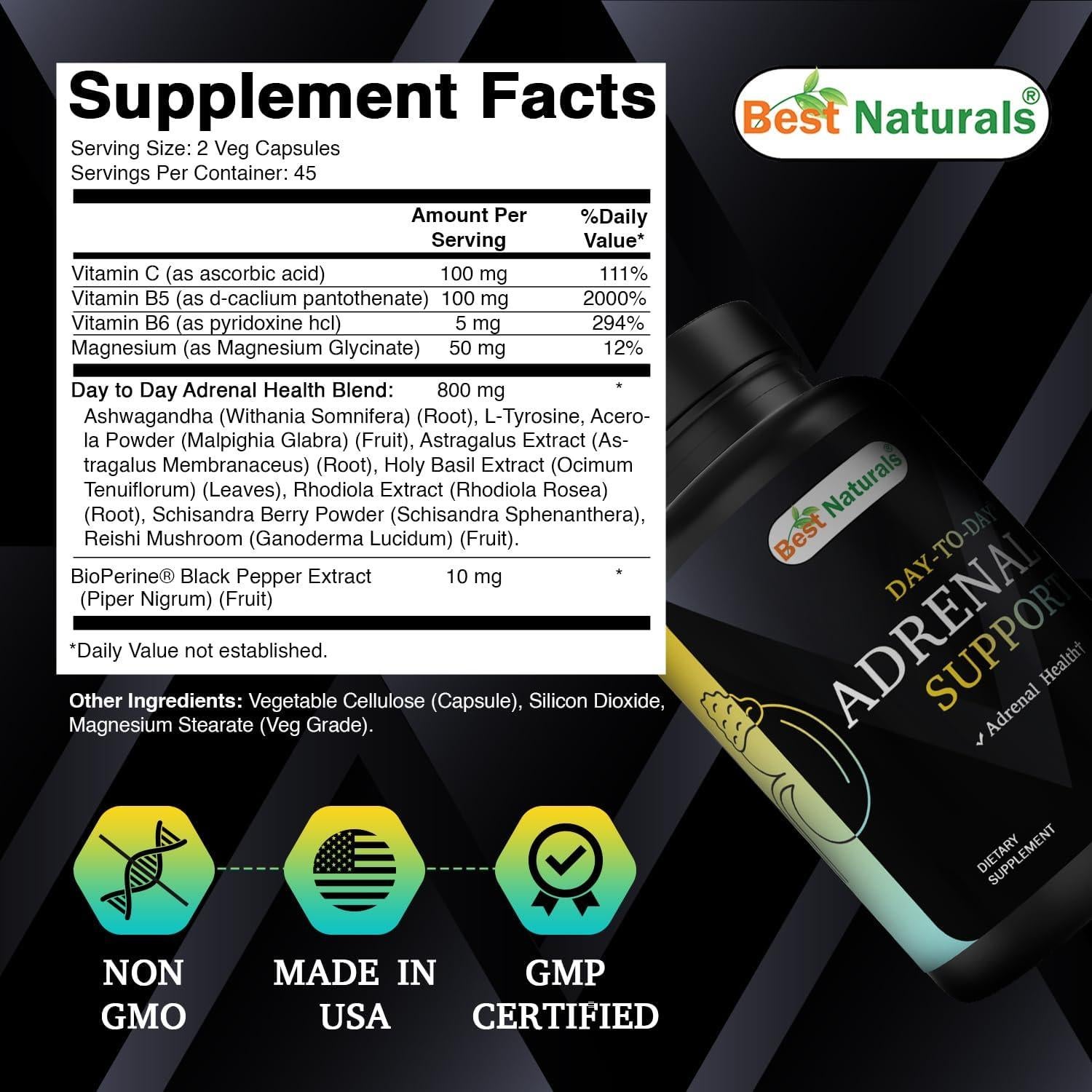 Suplemento Adrenal Vegano Best Naturals - 90 Cápsulas con Ashwagandha