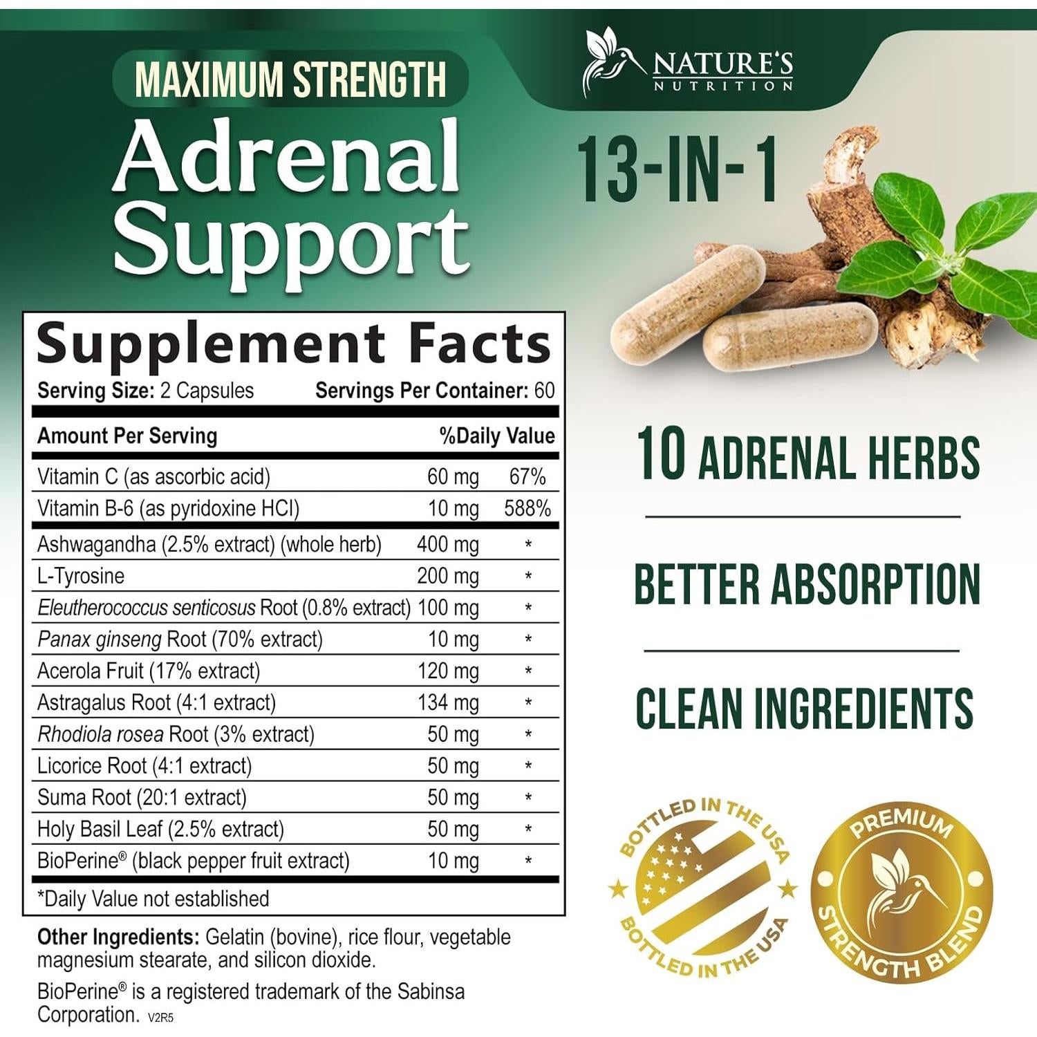 Suplemento Adrenal Nature's Nutrition 120 Cápsulas Ashwagandha