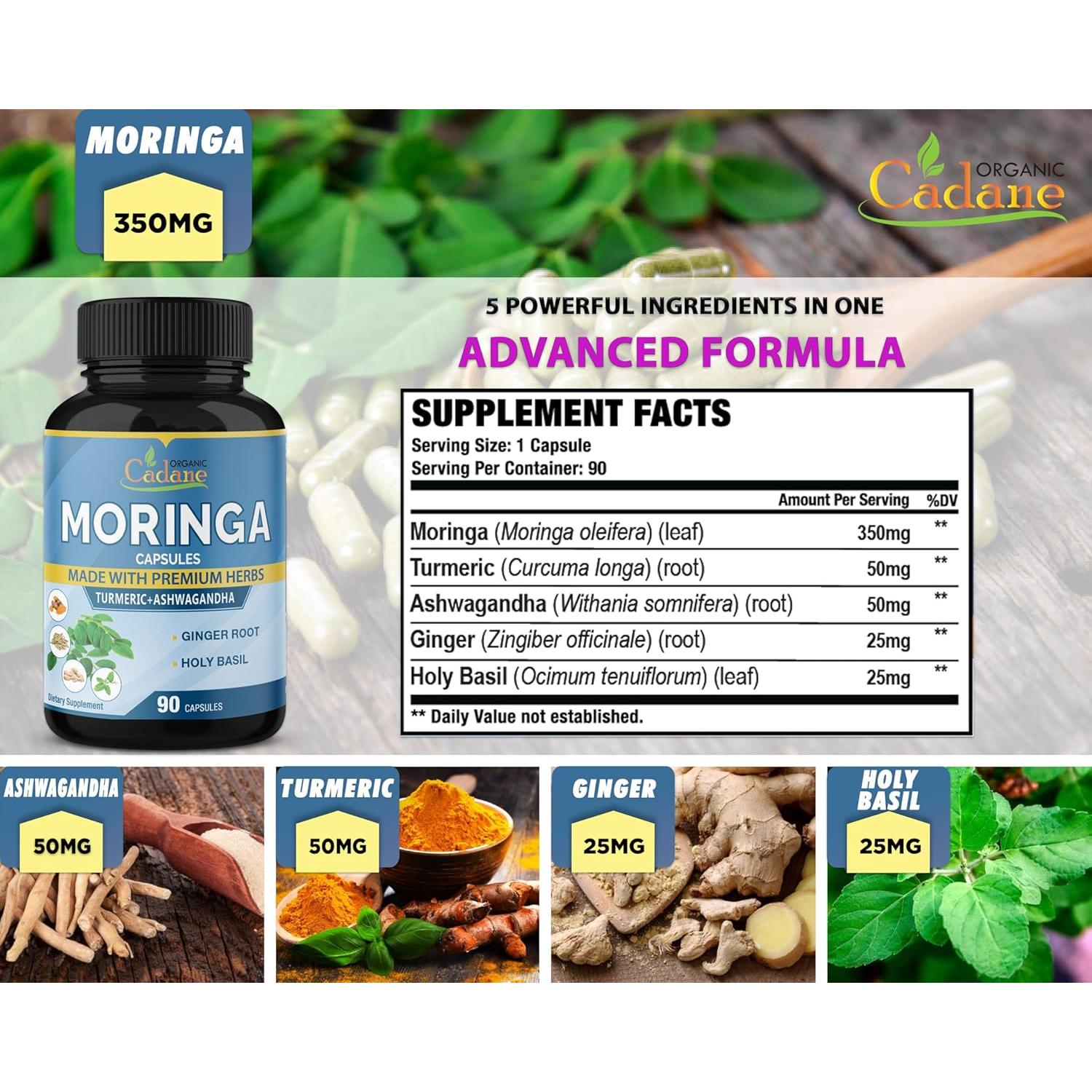 Cápsulas de Moringa Orgánica Cadane 90 Unidades - Energía y Inmunidad