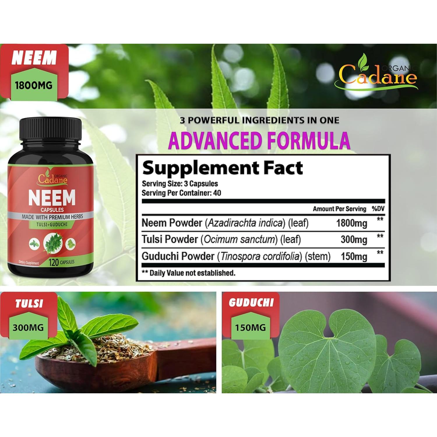 Suplemento de Neem Orgánico Cadane 120 Cápsulas Vegetales
