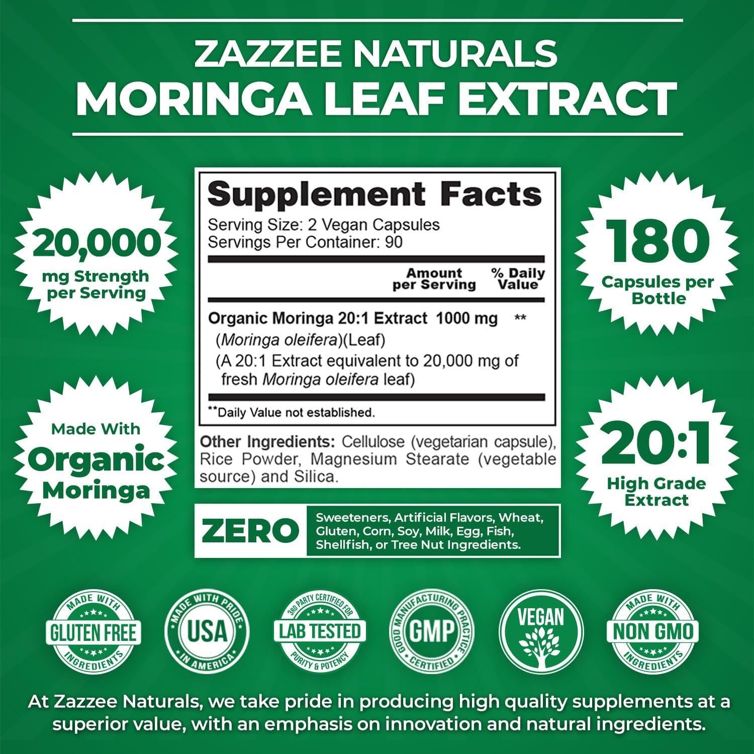 Extracto de Moringa Orgánica Zazzee 20:1, 20,000 mg, 180 Cápsulas