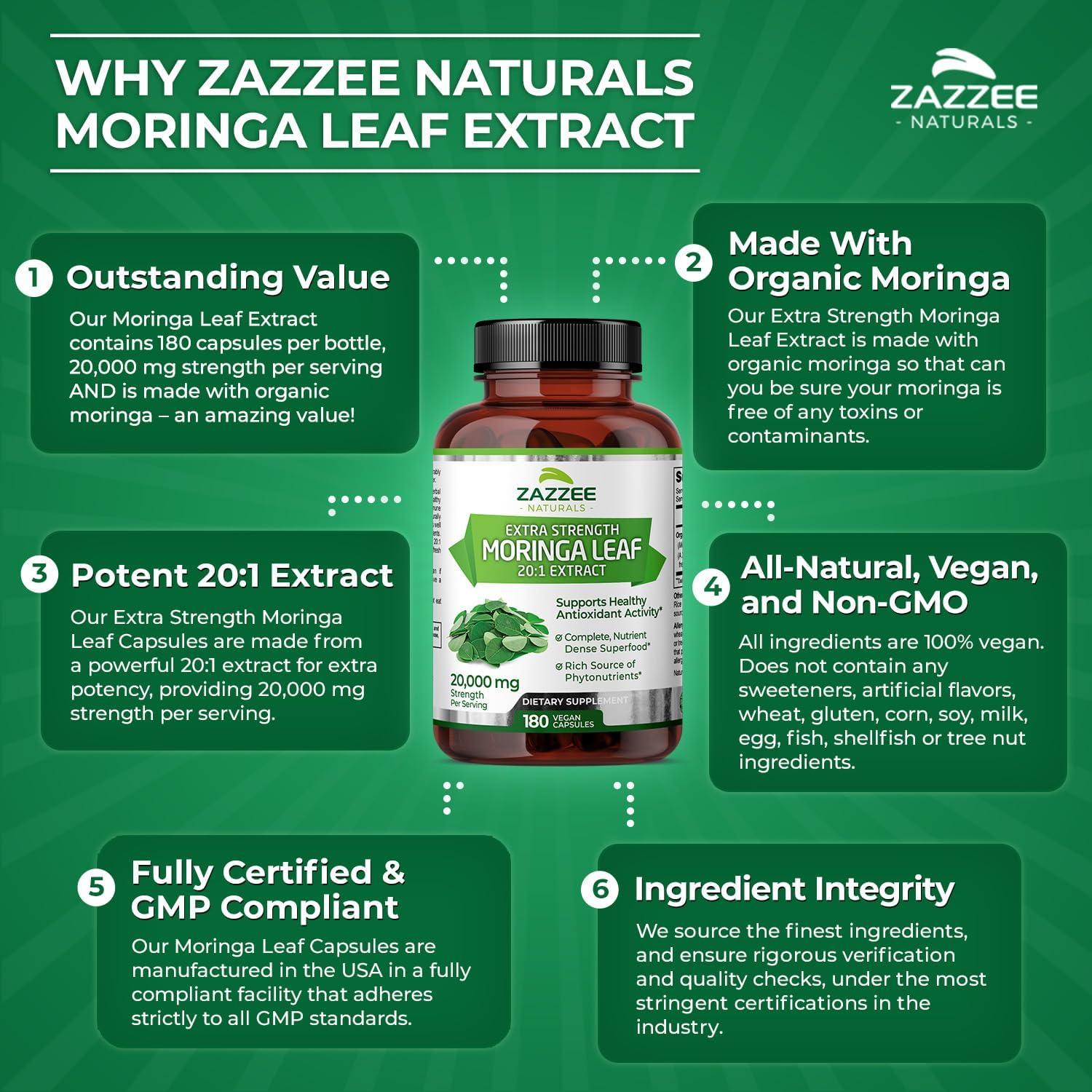 Extracto de Moringa Orgánica Zazzee 20:1, 20,000 mg, 180 Cápsulas