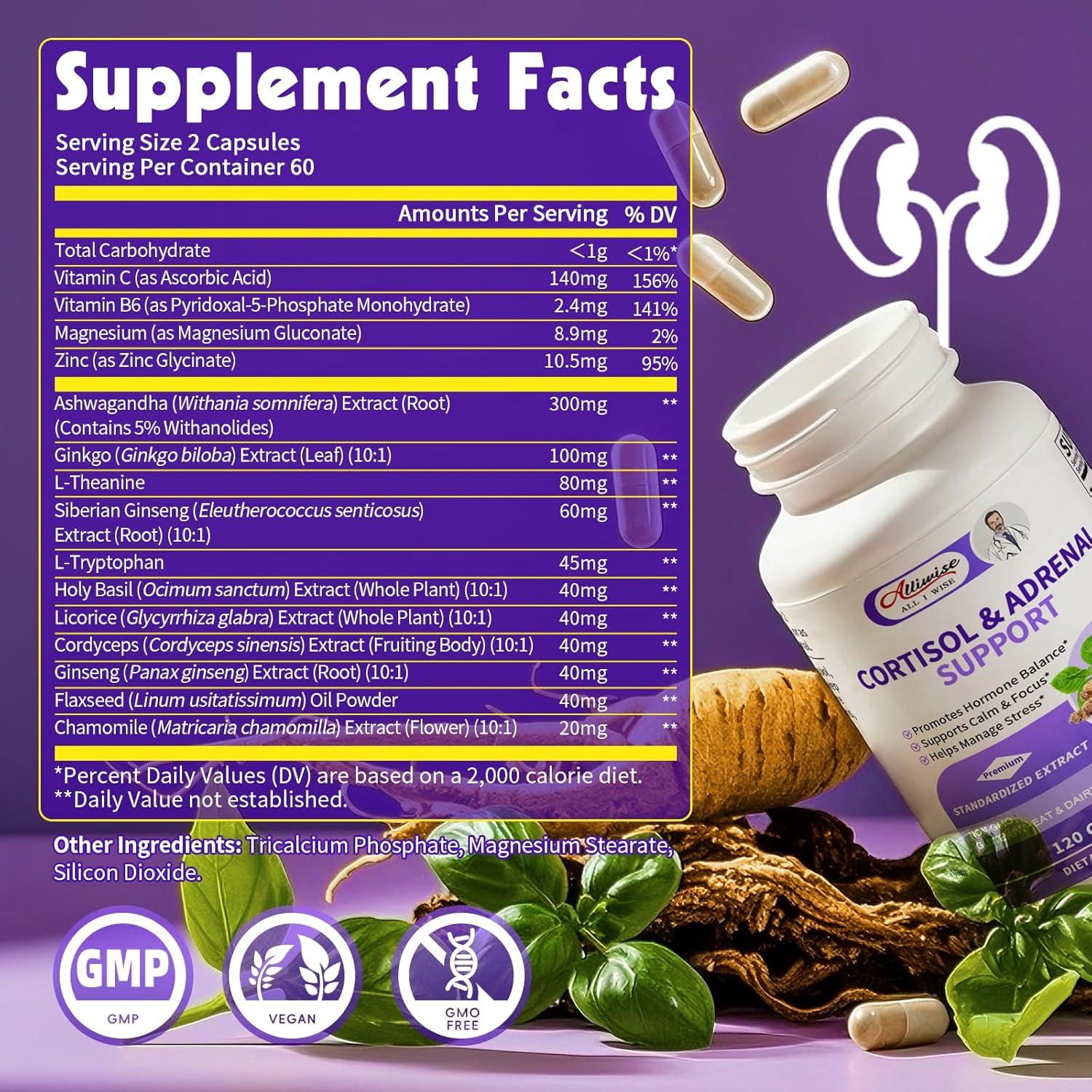 Suplemento de Cortisol Alliwise 120 Cápsulas Veganas - Apoyo Adrenal