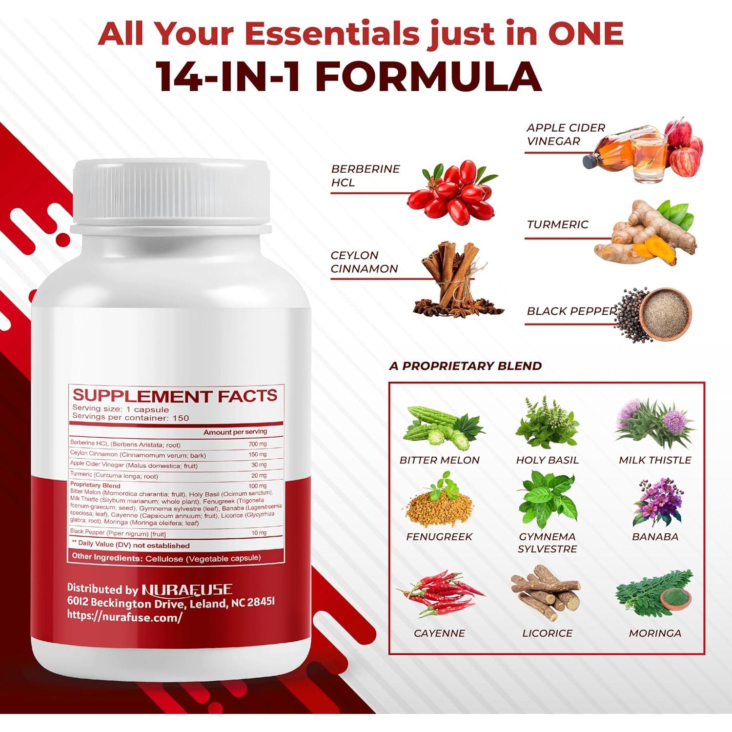Suplemento de Berberina 14 en 1 Nurafuse 150 Cápsulas