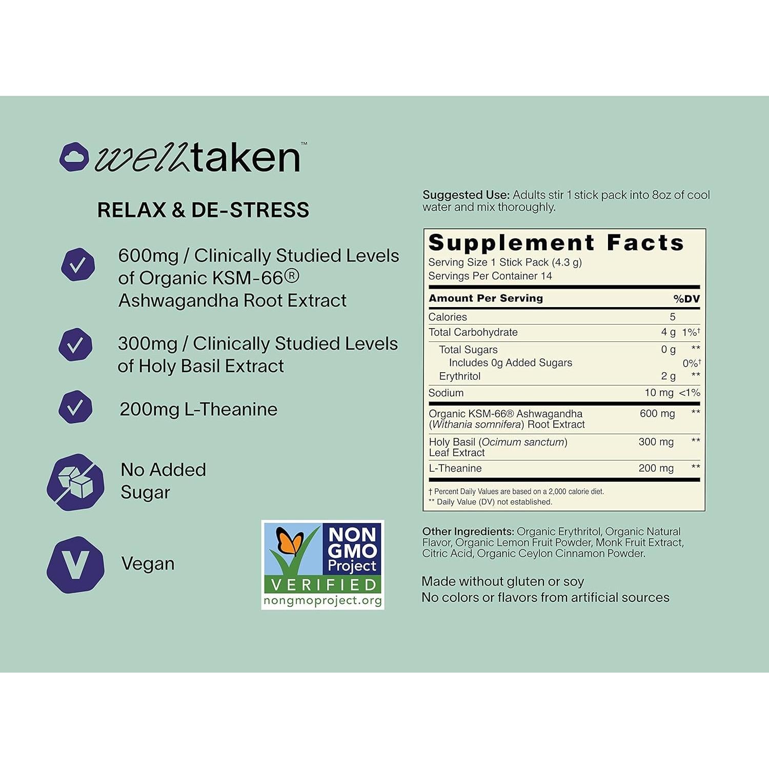 Polvo de Relajación Ashwagandha WellTaken - Limón Lavanda 14ct