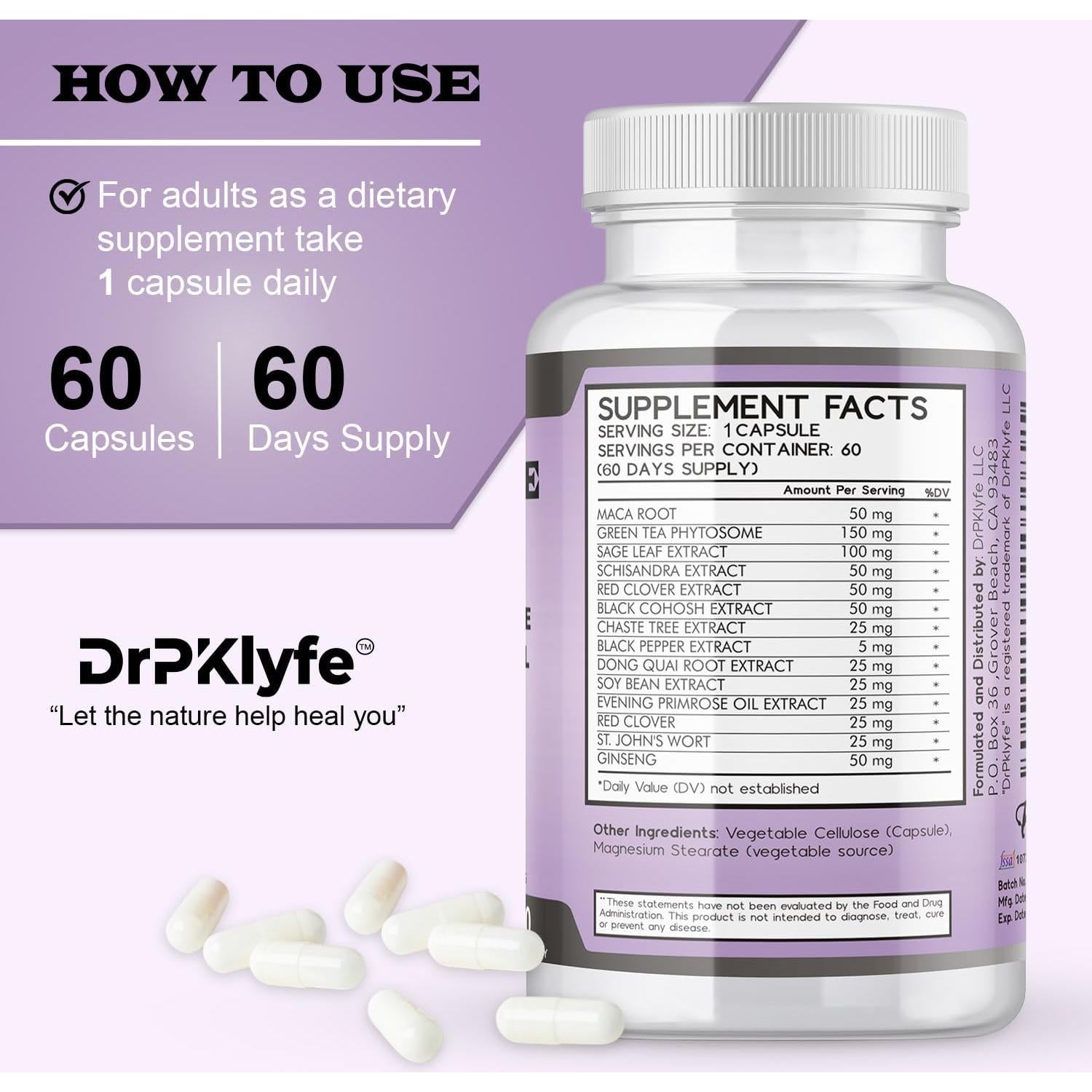 Cápsulas Suplemento Menopausia DrPKlyfe 655mg 60 Unidades