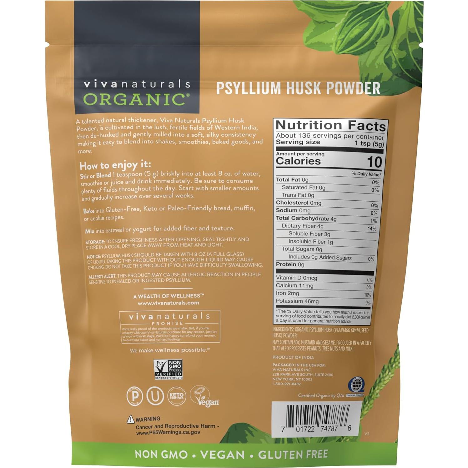 Polvo de Cáscara de Psyllium Orgánico Viva Naturals 680g