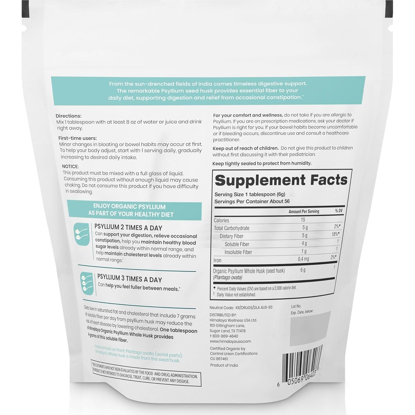 Himalaya Psyllium Orgánico Entero 340g - Suplemento de Fibra