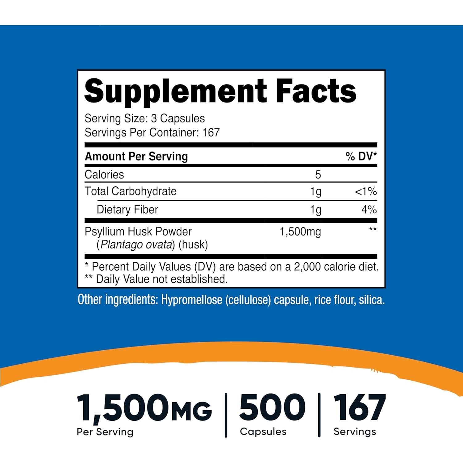 Nutricost Psyllium Husk 1500mg 500 Cápsulas Sin OGM Gluten