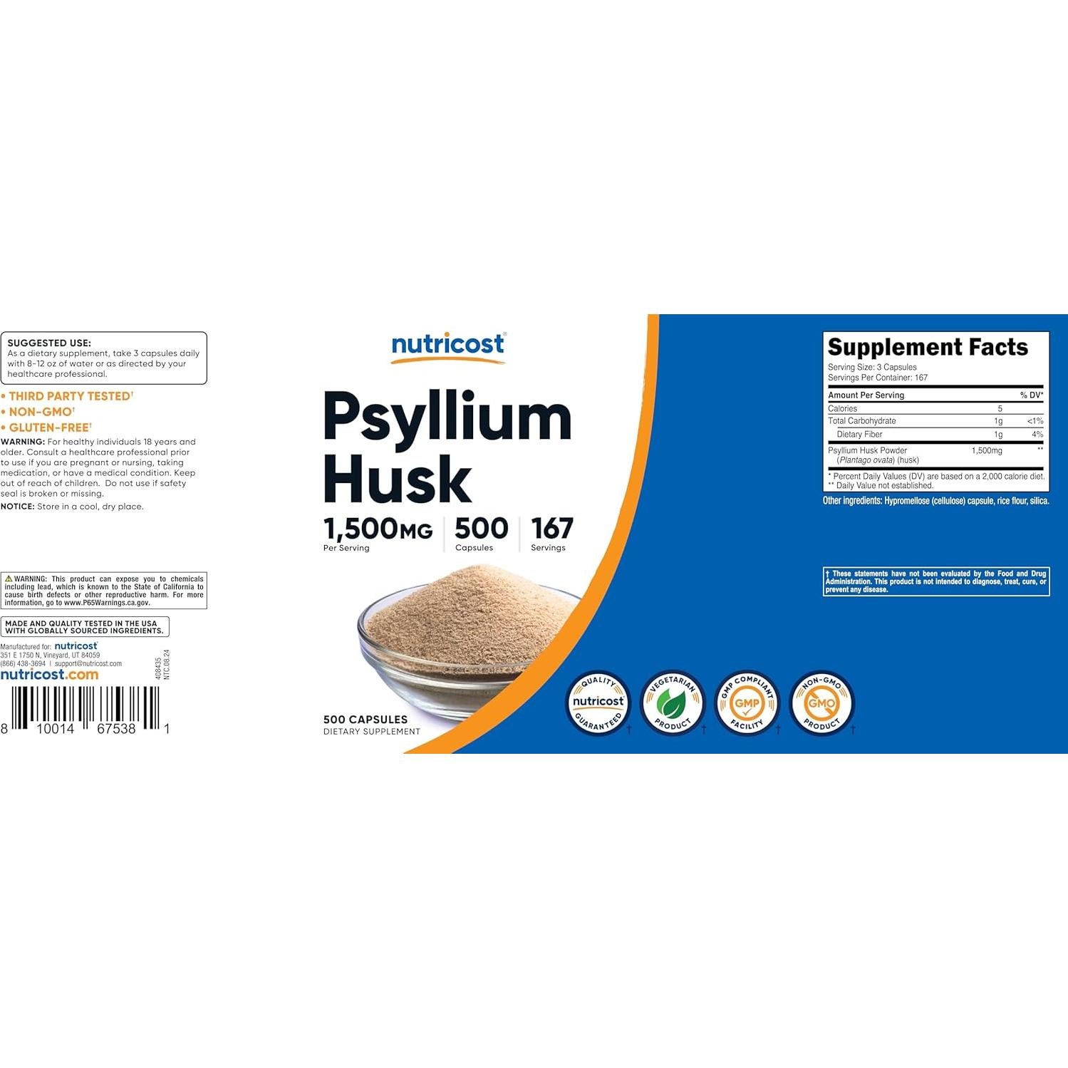Nutricost Psyllium Husk 1500mg 500 Cápsulas Sin OGM Gluten