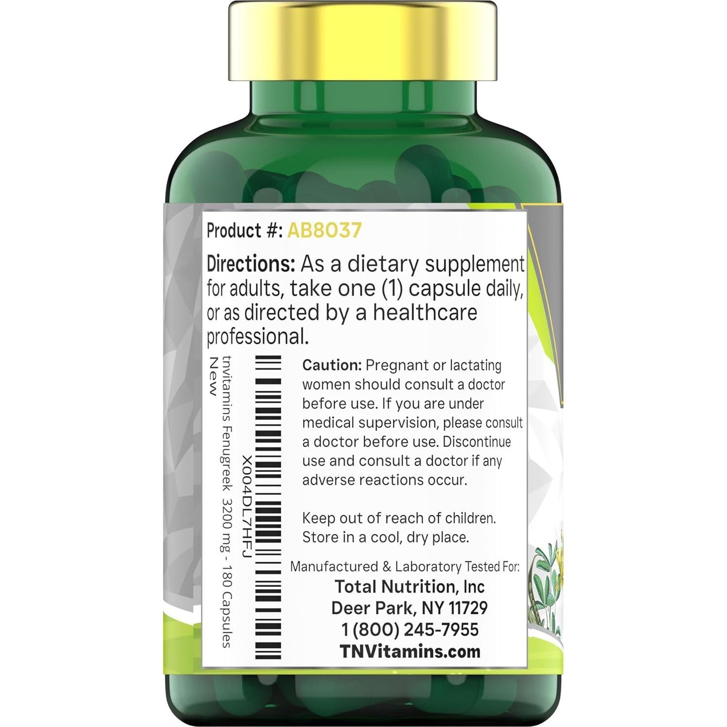 Cápsulas de Fenogreco TNVitamins 3200 mg - 180 Unidades