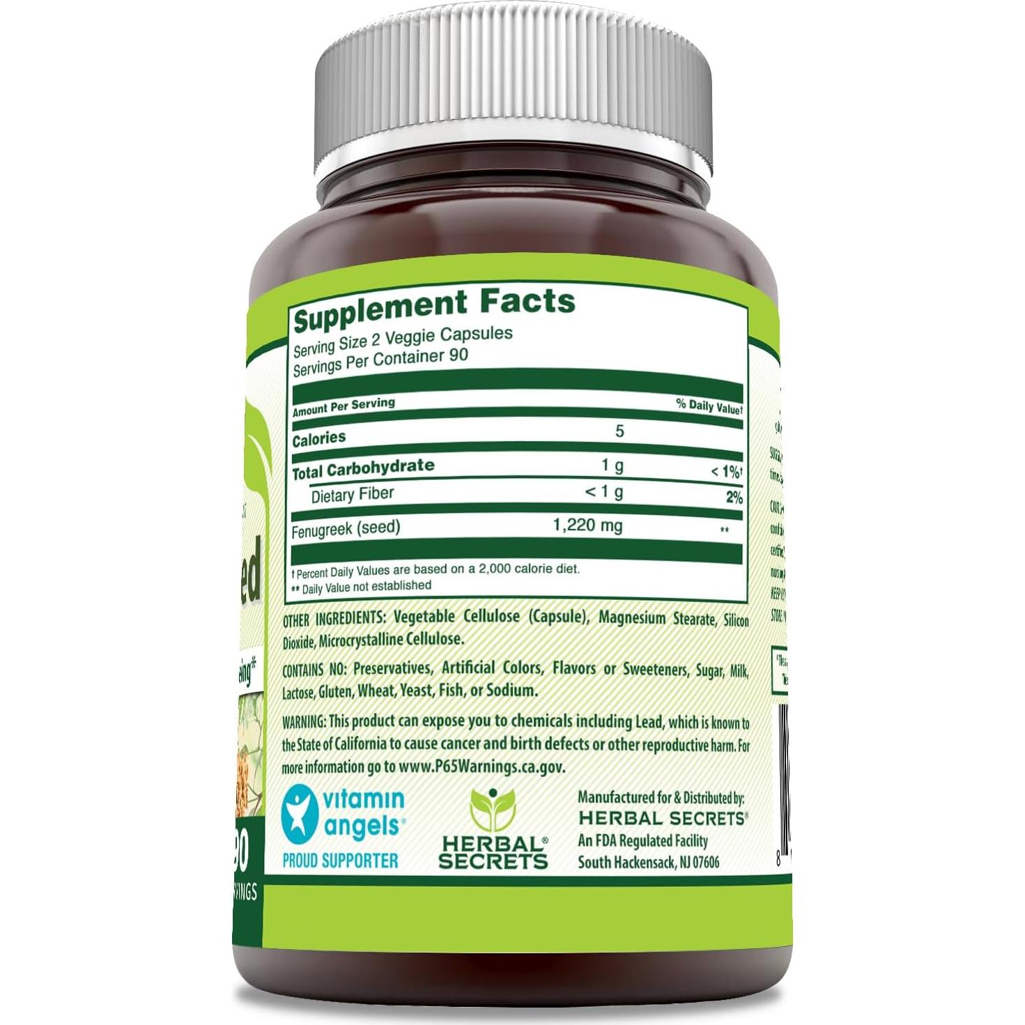 Suplemento de Fenogreco Herbal Secrets 1220mg 180 Cápsulas