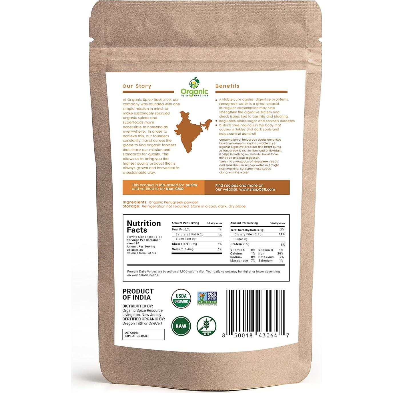 Polvo de Fenogreco Orgánico 226g - SHOPOSR, Aprobado USDA