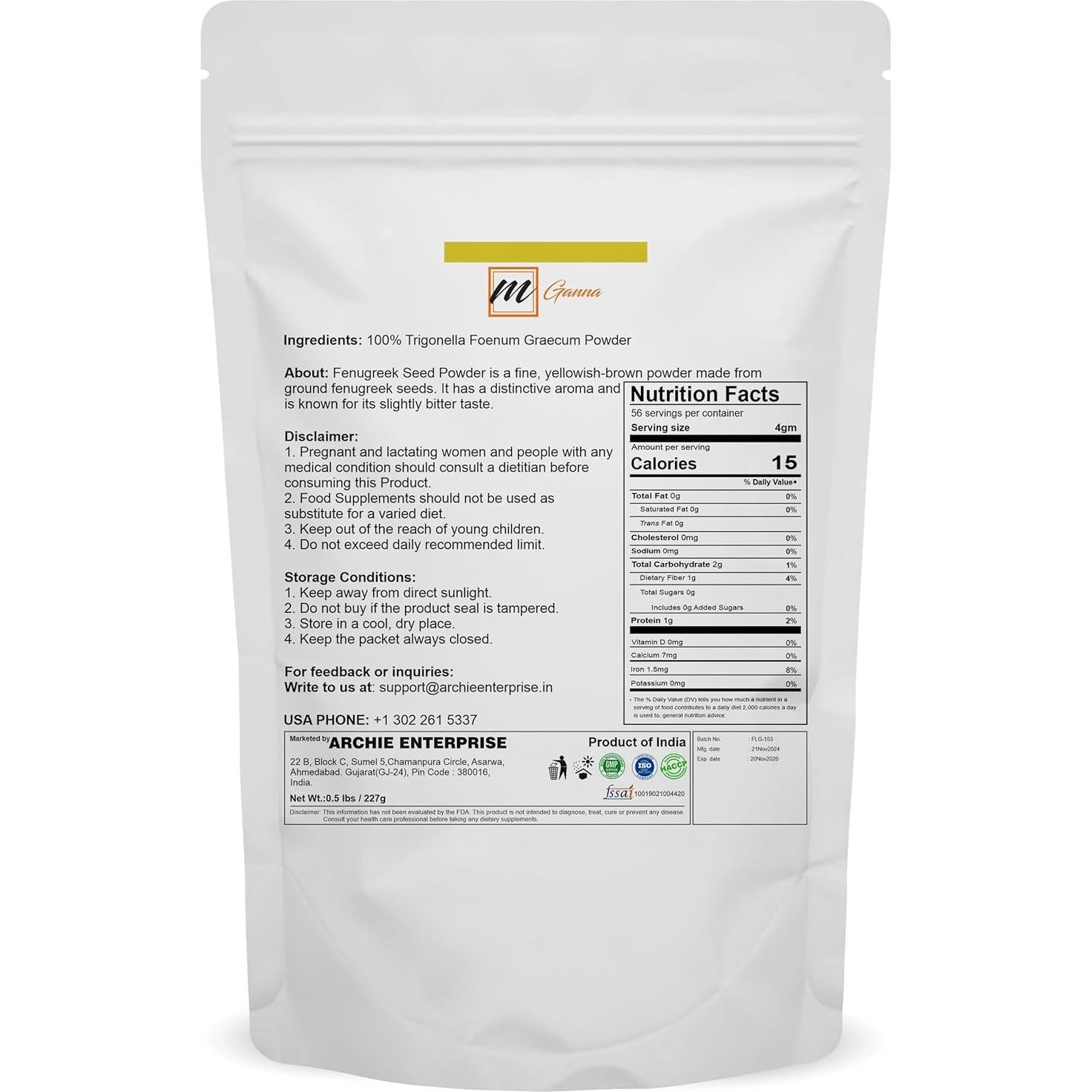 Polvo de Semilla de Fenogreco mGanna 227 g - Especia India Natural